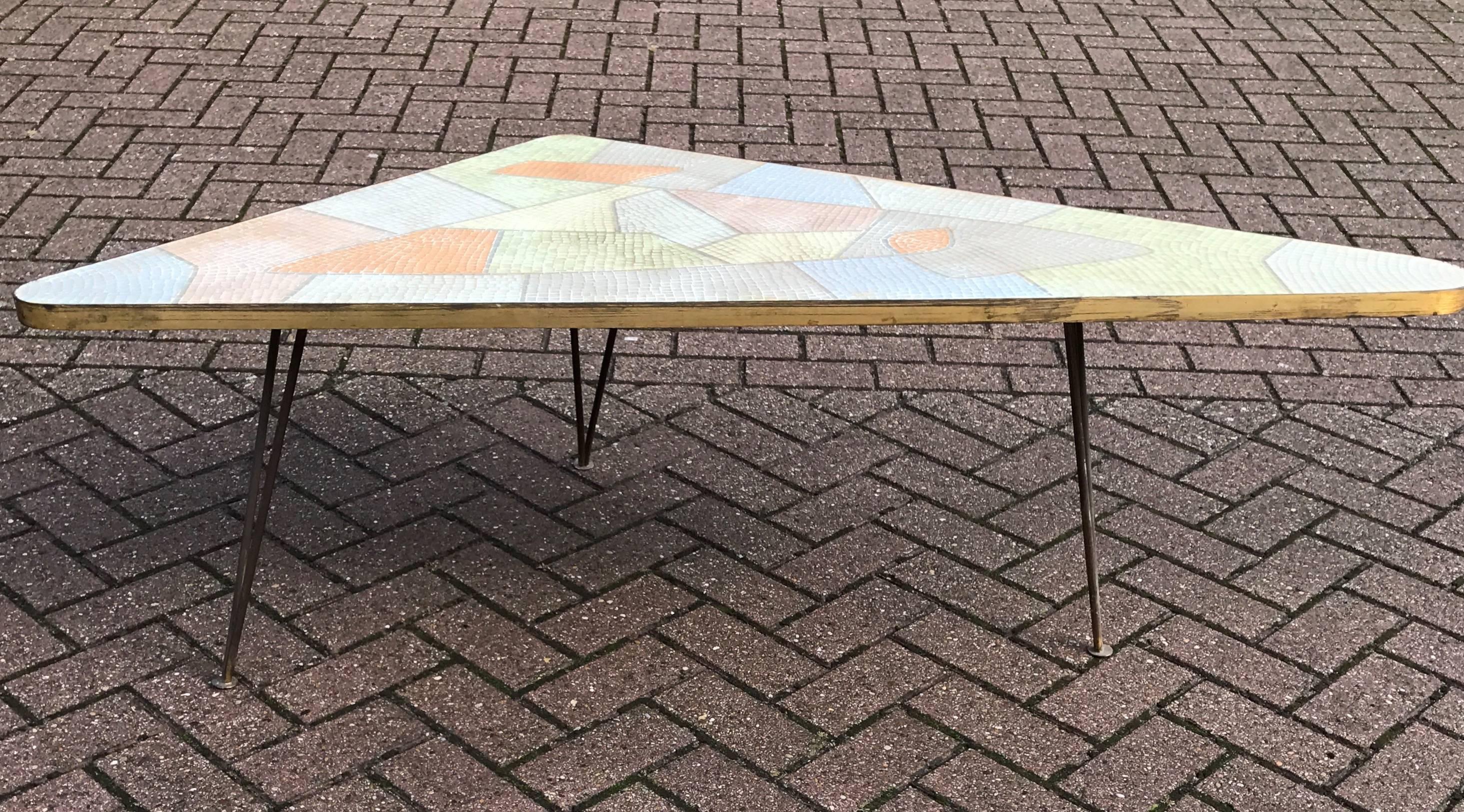 Mid-Century Modern Mid-Century Playful Triangle Coffee Table w. Glass Mosaic Top in Pastel Colors