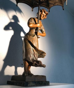 Stunning Art Deco Sculpture Desk or Table Lamp, Girl with Umbrella in the Wind