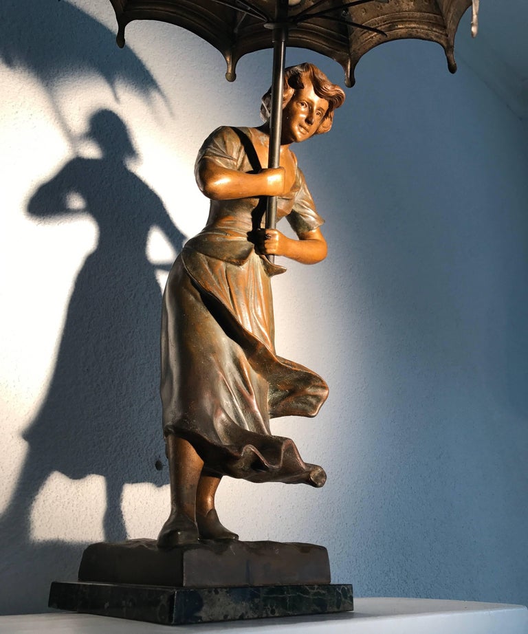Antique Jugendstil Sculpture Table or Desk Lamp Girl with Umbrella in