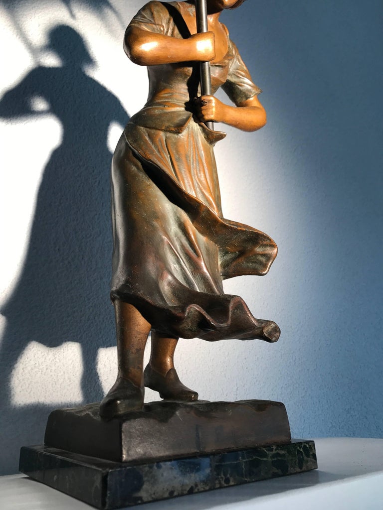Antique Jugendstil Sculpture Table or Desk Lamp Girl with Umbrella in