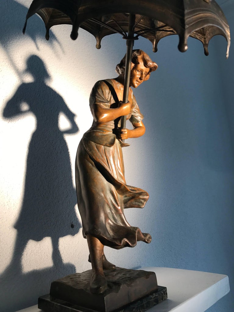 Stunning Jugendstil Sculpture Table or Desk Lamp, Girl with Umbrella in