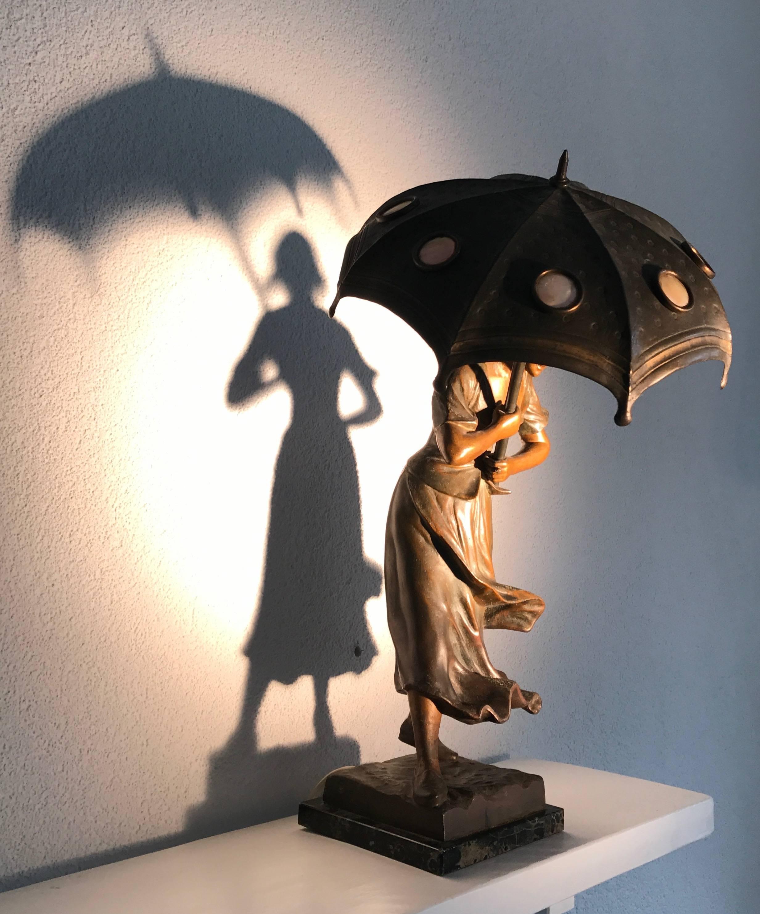 German Stunning Art Deco Sculpture Desk or Table Lamp, Girl with Umbrella in the Wind