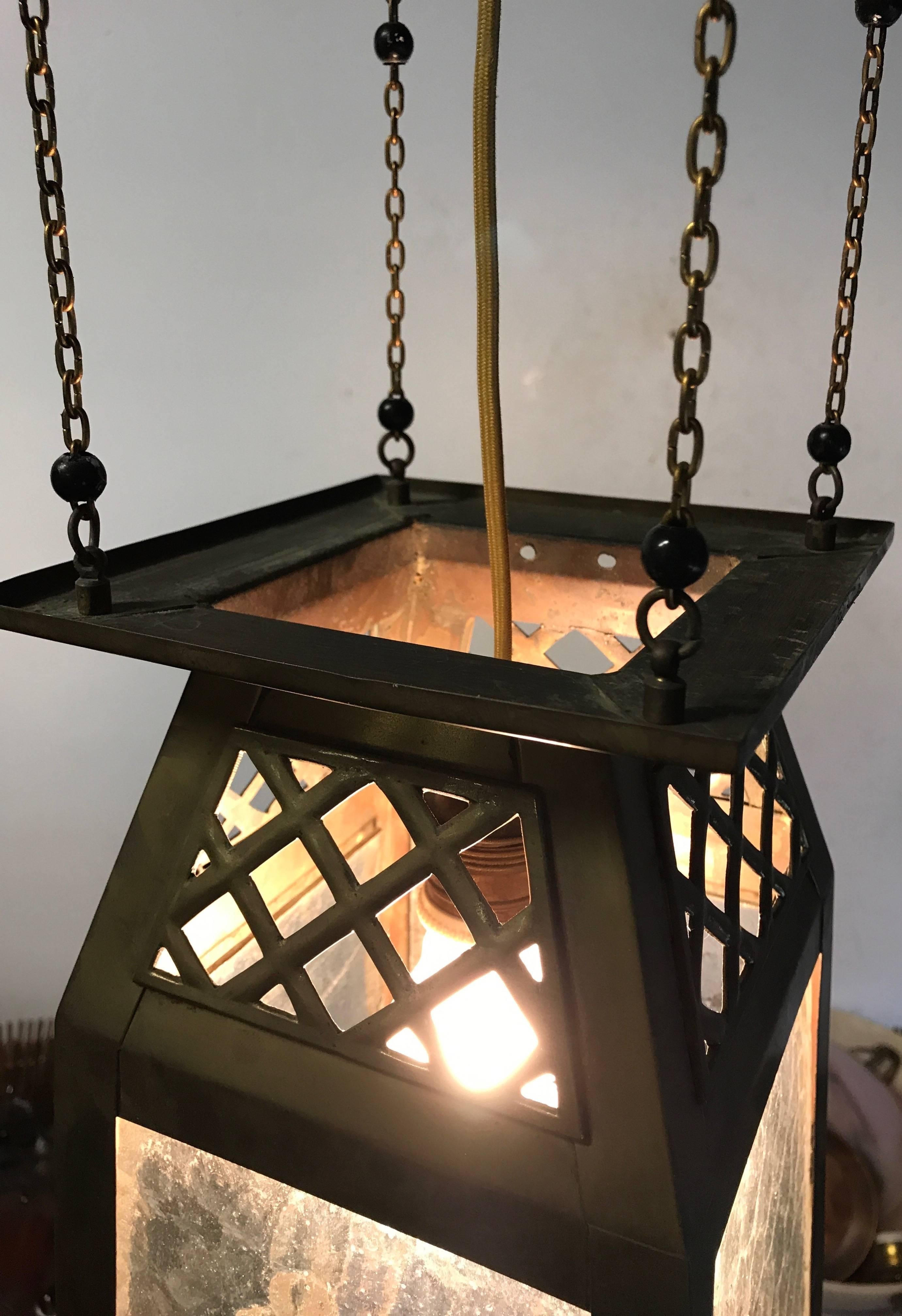 Hand-Crafted Good Looking, Early 1900s Arts and Crafts Pendant Brass and Glass Light Lantern