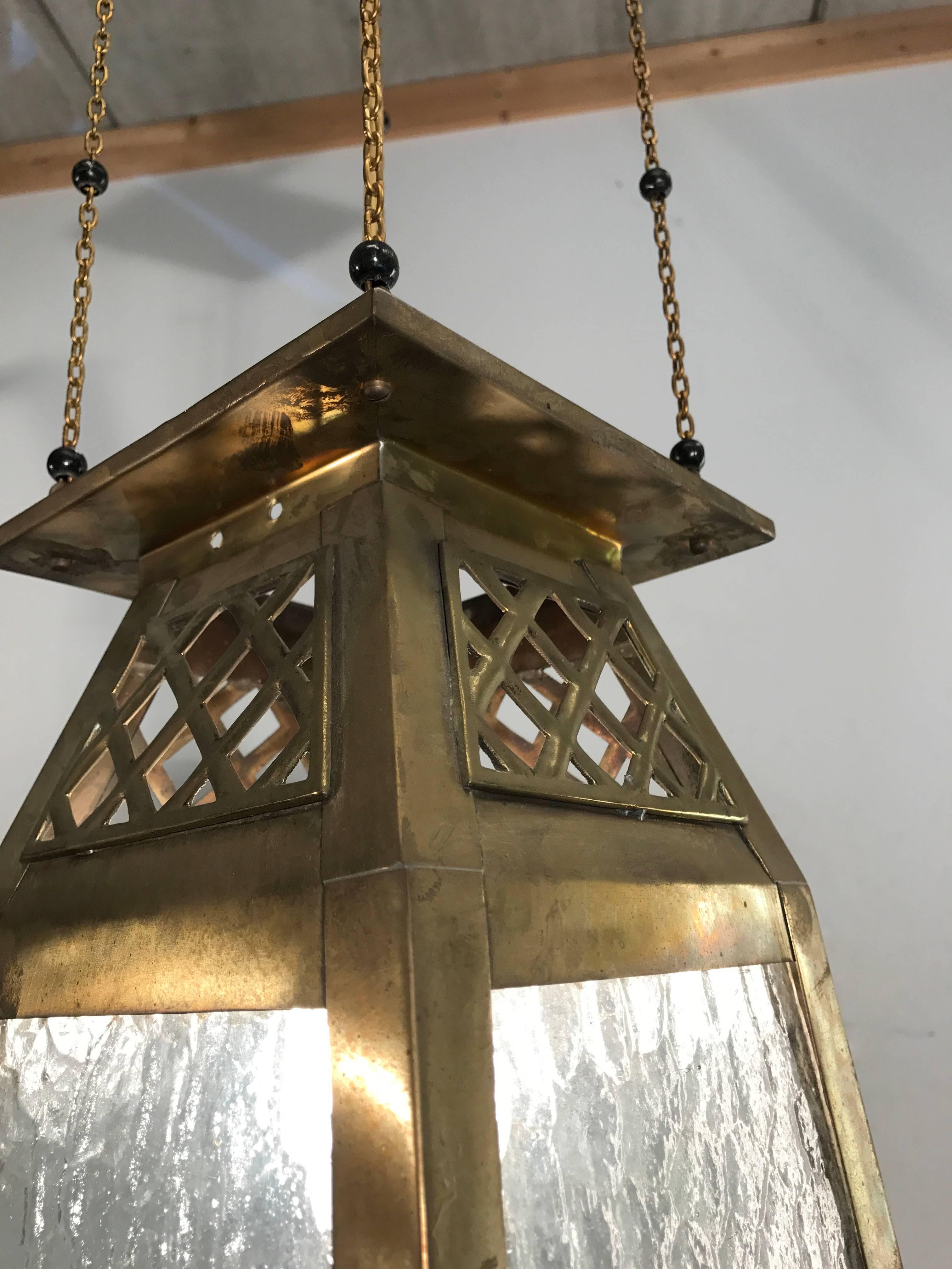 Good Looking, Early 1900s Arts and Crafts Pendant Brass and Glass Light Lantern 1