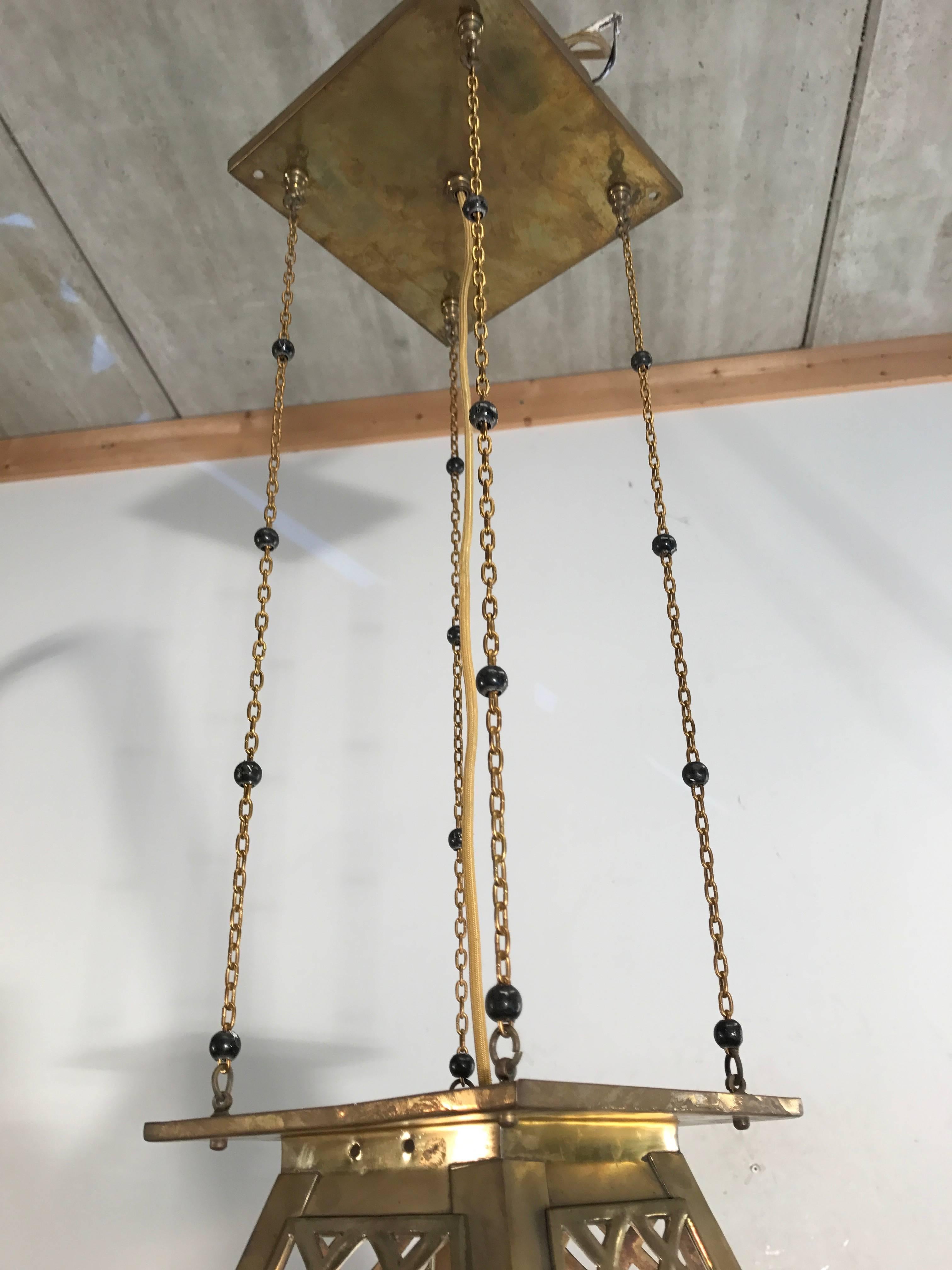 Good Looking, Early 1900s Arts and Crafts Pendant Brass and Glass Light Lantern 2