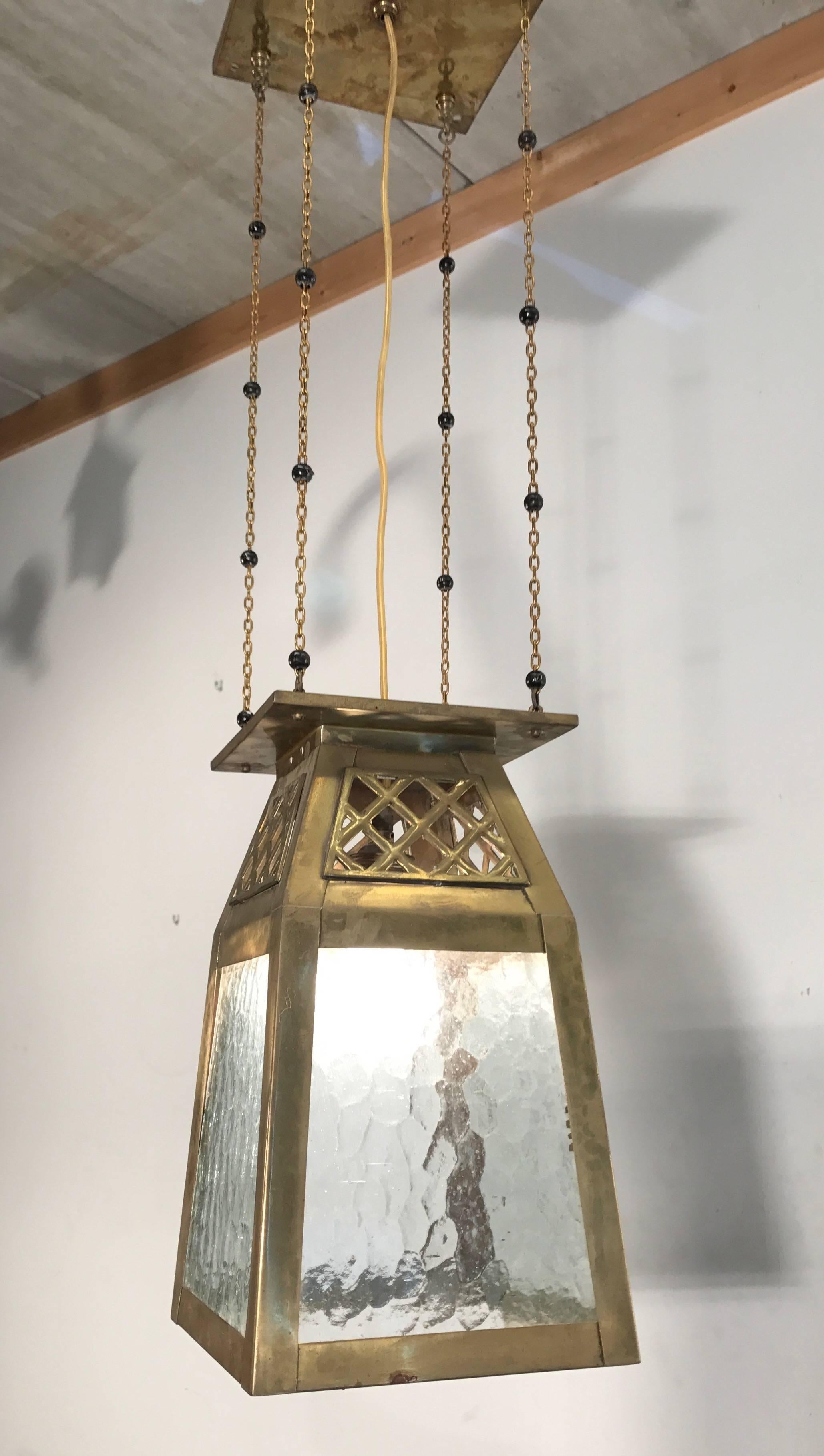 Good Looking, Early 1900s Arts and Crafts Pendant Brass and Glass Light Lantern 3