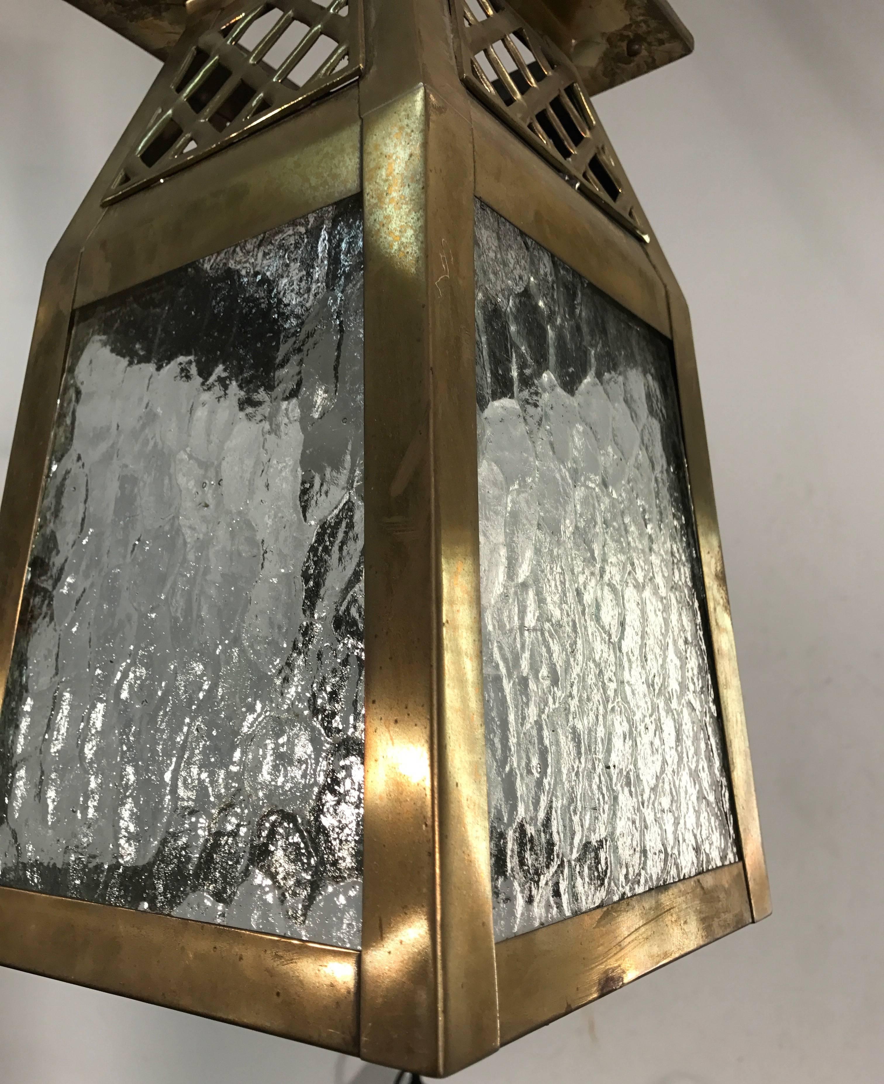 Good Looking, Early 1900s Arts and Crafts Pendant Brass and Glass Light Lantern 4