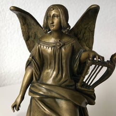 Antique Bronze Winged Angel Sculpture with Harp by Auguste Eugene Rubin