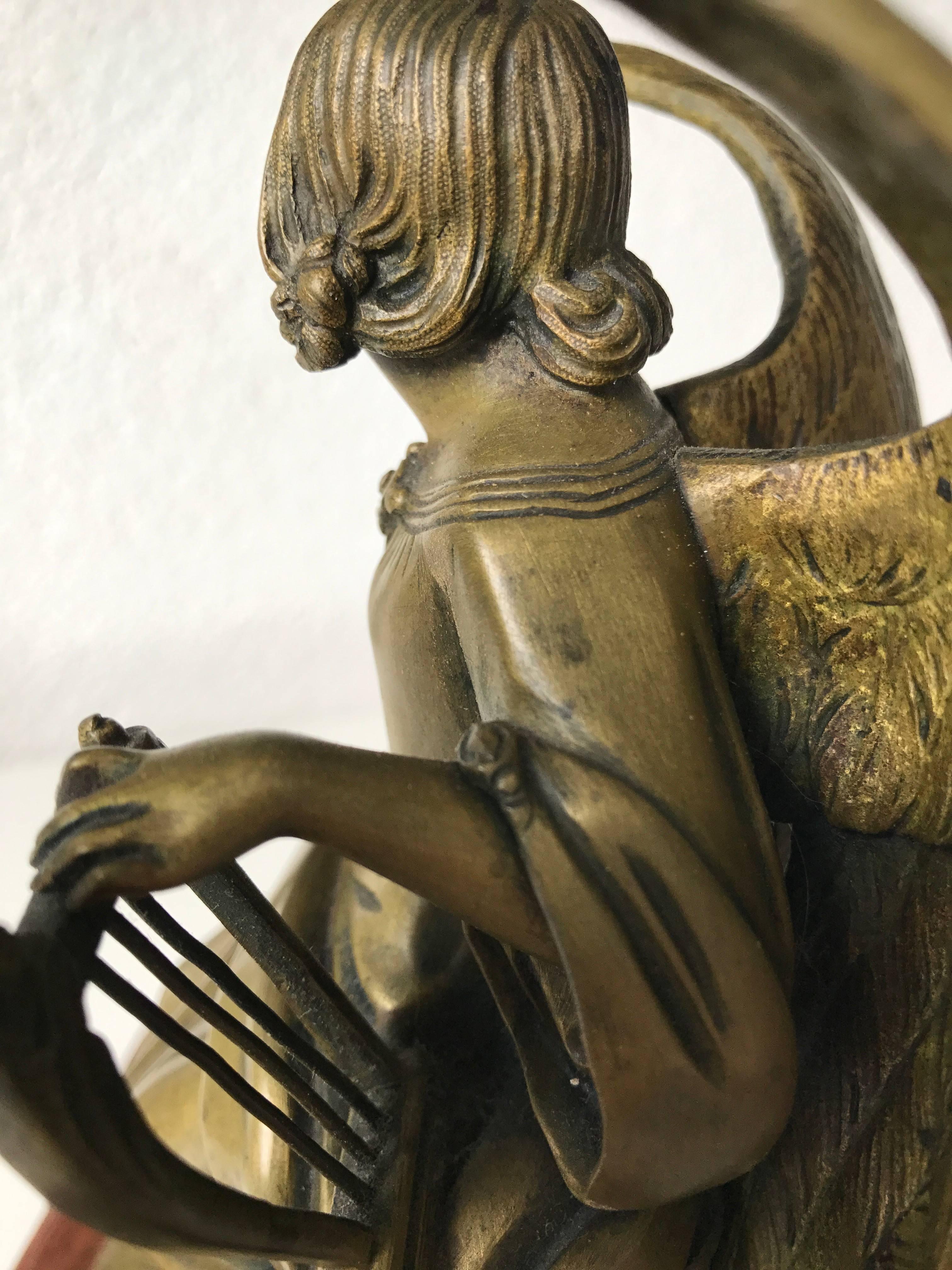 Gothic Antique Bronze Winged Angel Sculpture with Harp by Auguste Eugene Rubin