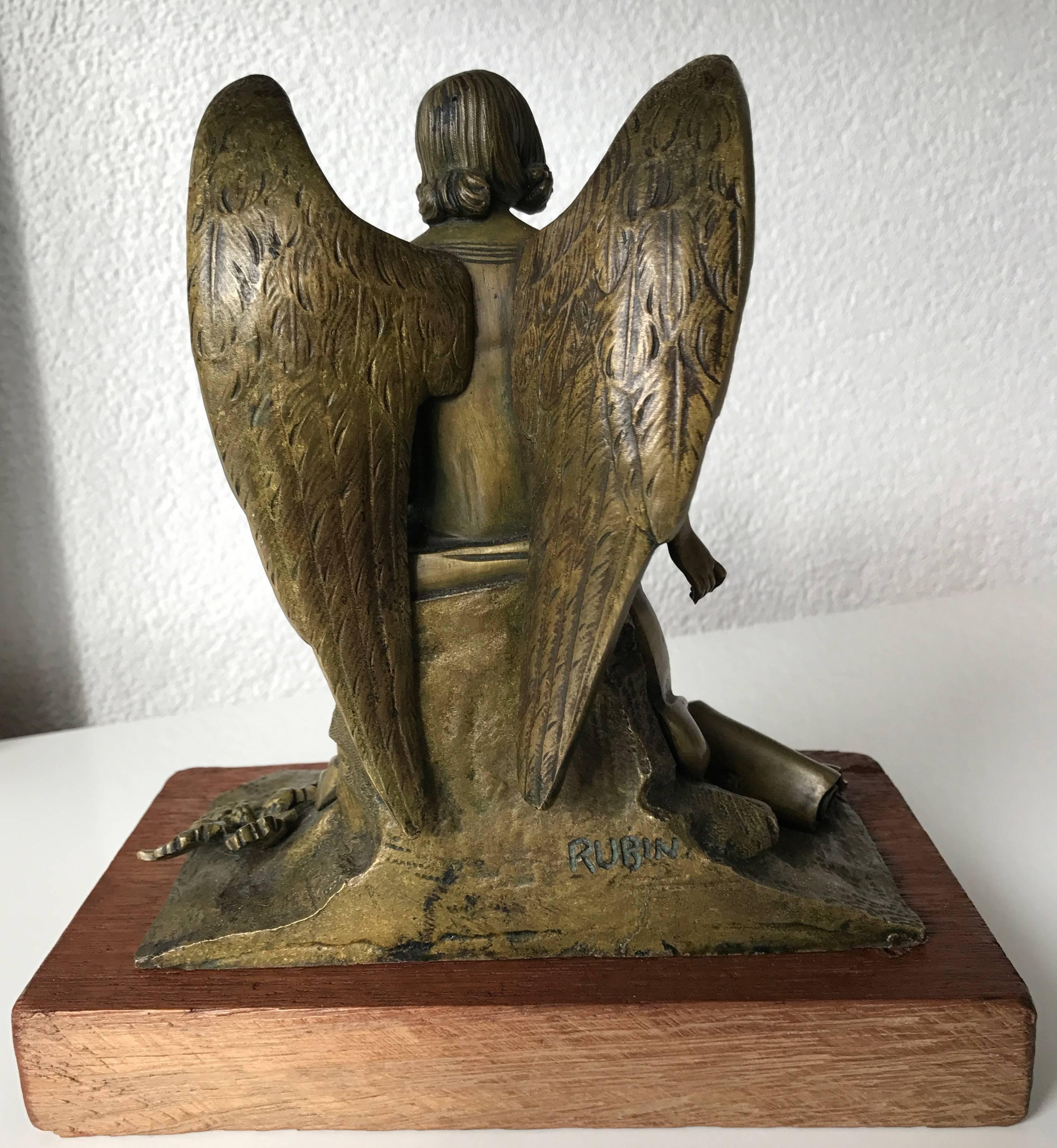 French Antique Bronze Winged Angel Sculpture with Harp by Auguste Eugene Rubin