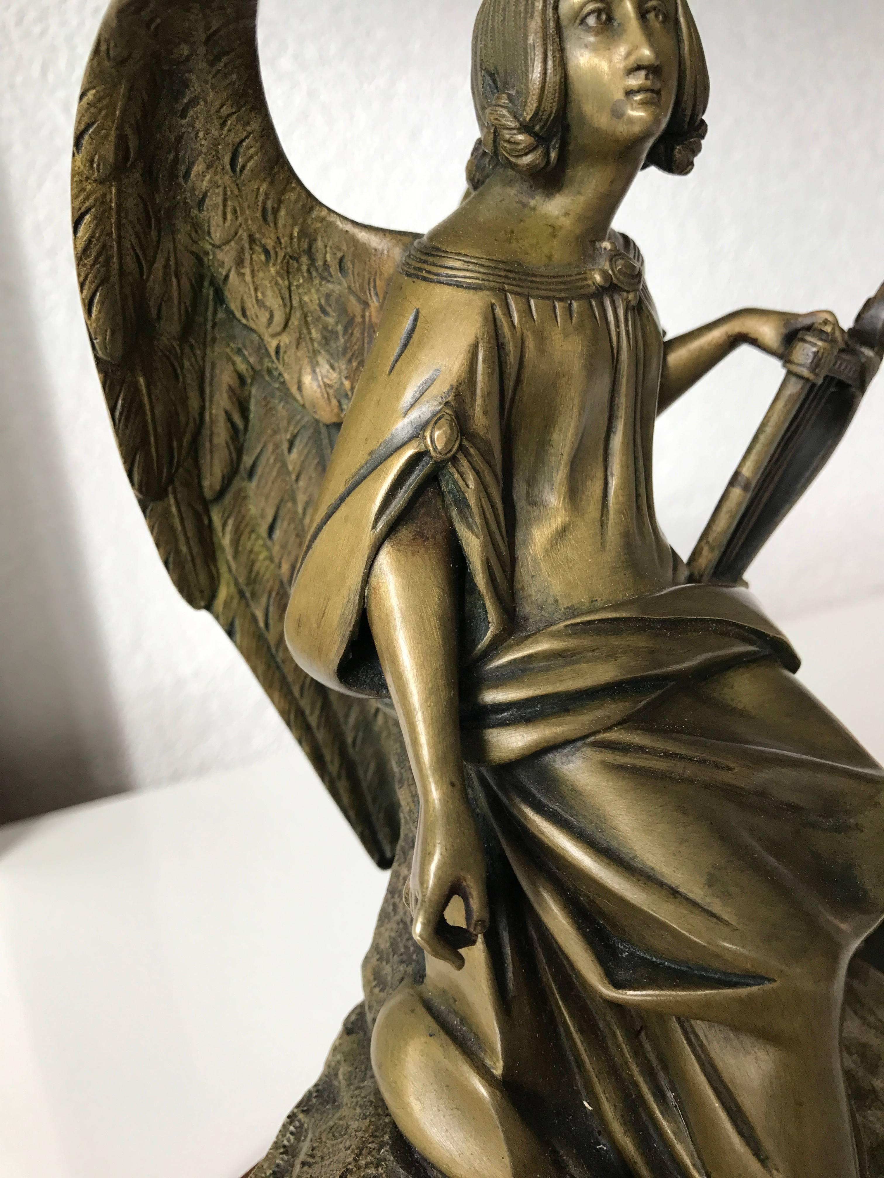 Antique Bronze Winged Angel Sculpture with Harp by Auguste Eugene Rubin In Excellent Condition In Lisse, NL