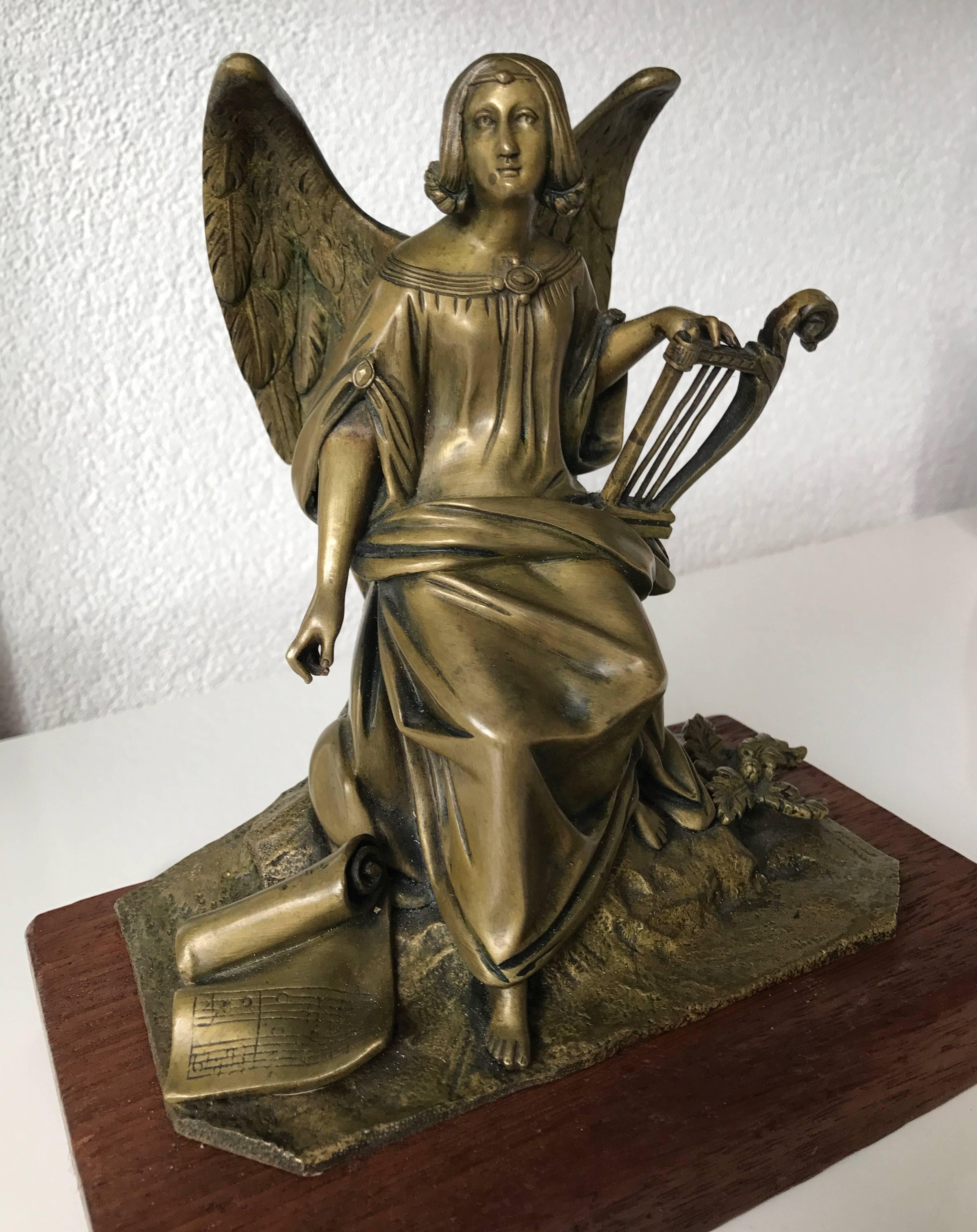 19th Century Antique Bronze Winged Angel Sculpture with Harp by Auguste Eugene Rubin