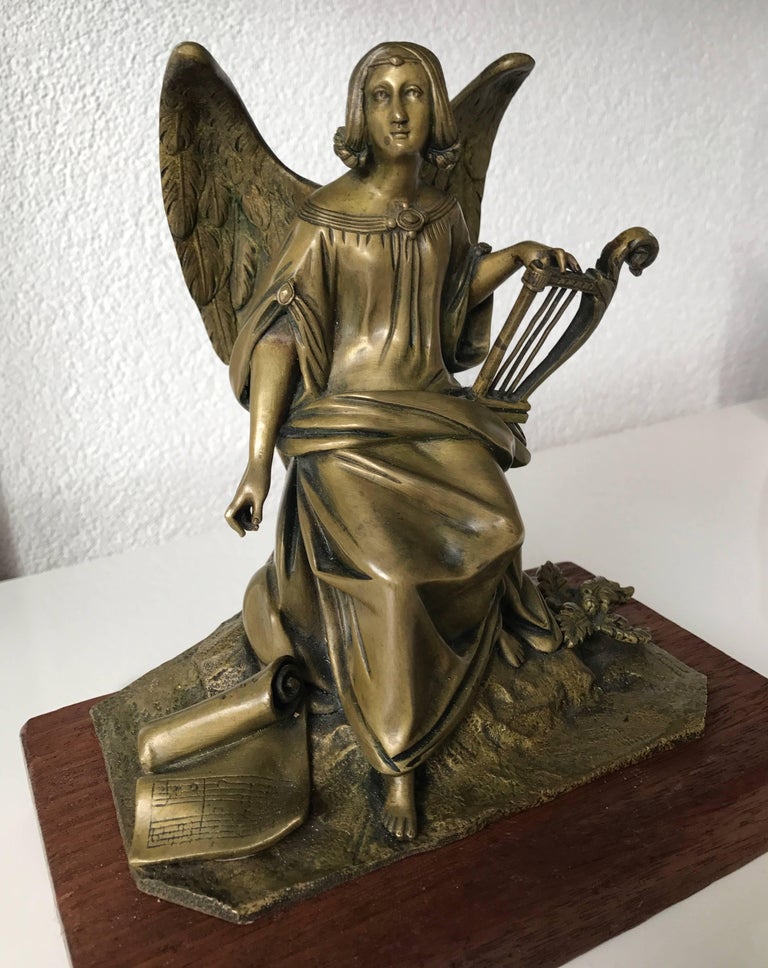 Antique Bronze Winged Angel Sculpture with Harp by Auguste Eugene Rubin 2