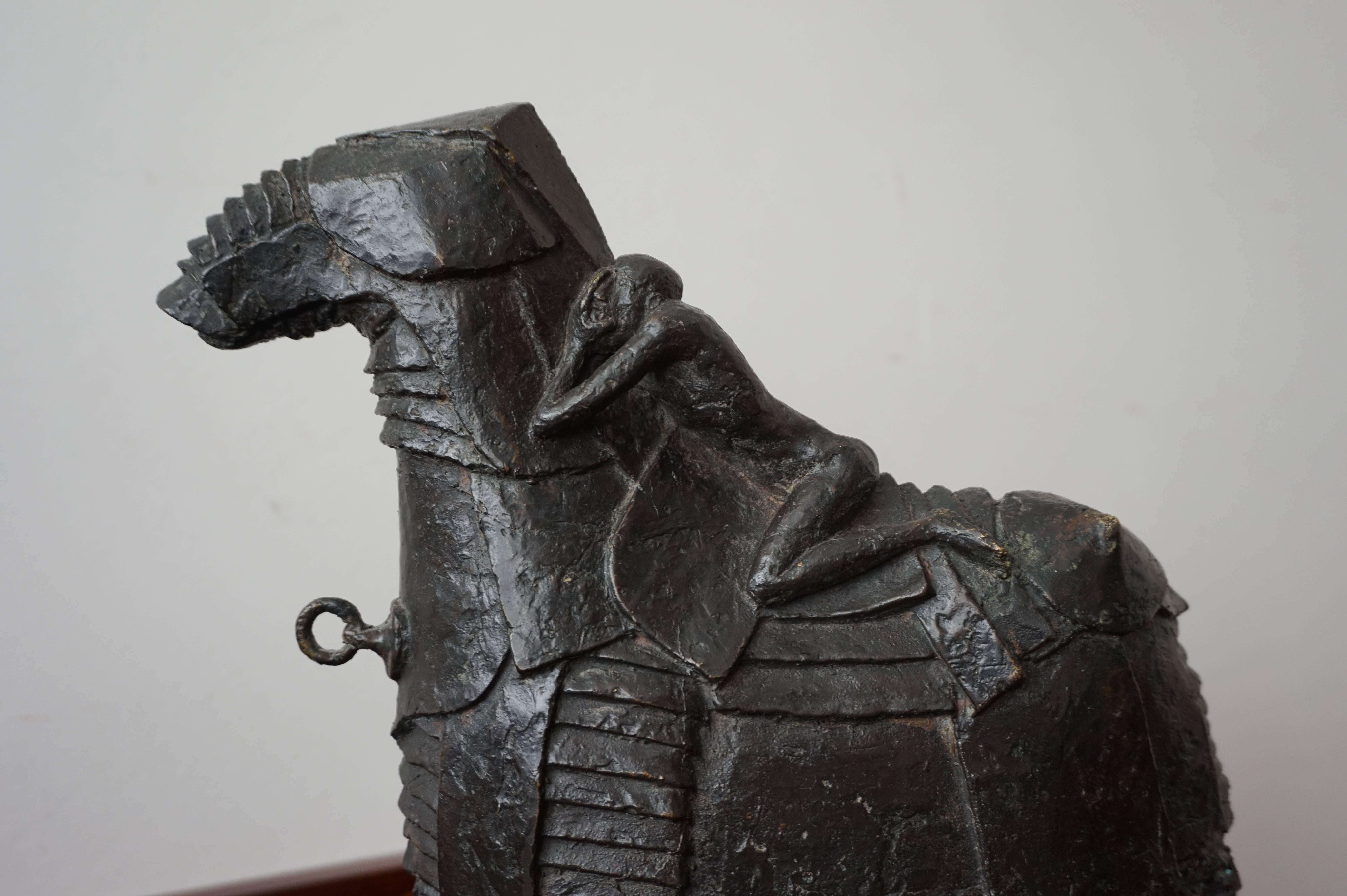 European Rare Bronze Sculpture of a Nude and Troubled Male on a Trojan like Armored Horse