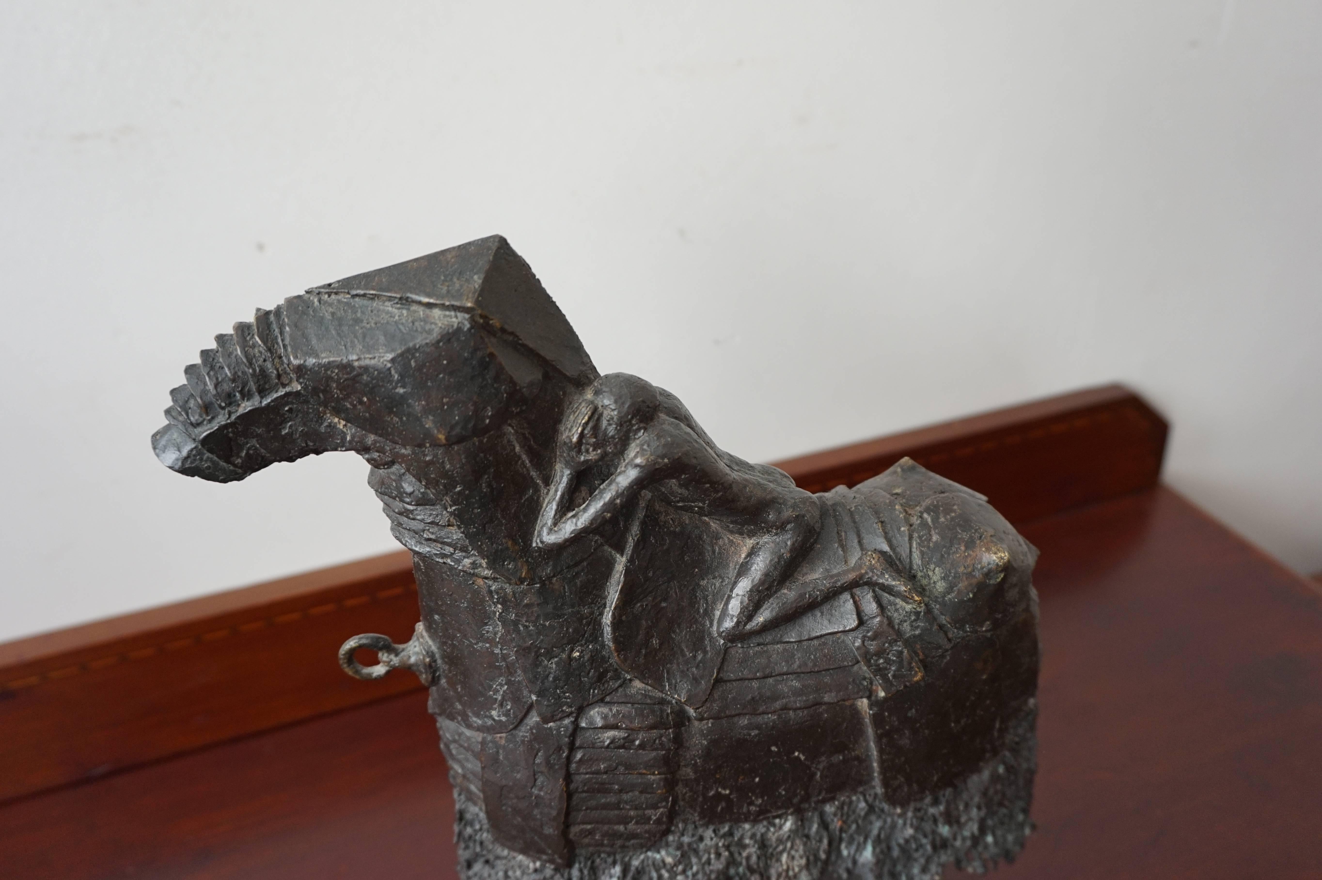 Rare Bronze Sculpture of a Nude and Troubled Male on a Trojan like Armored Horse In Excellent Condition In Lisse, NL