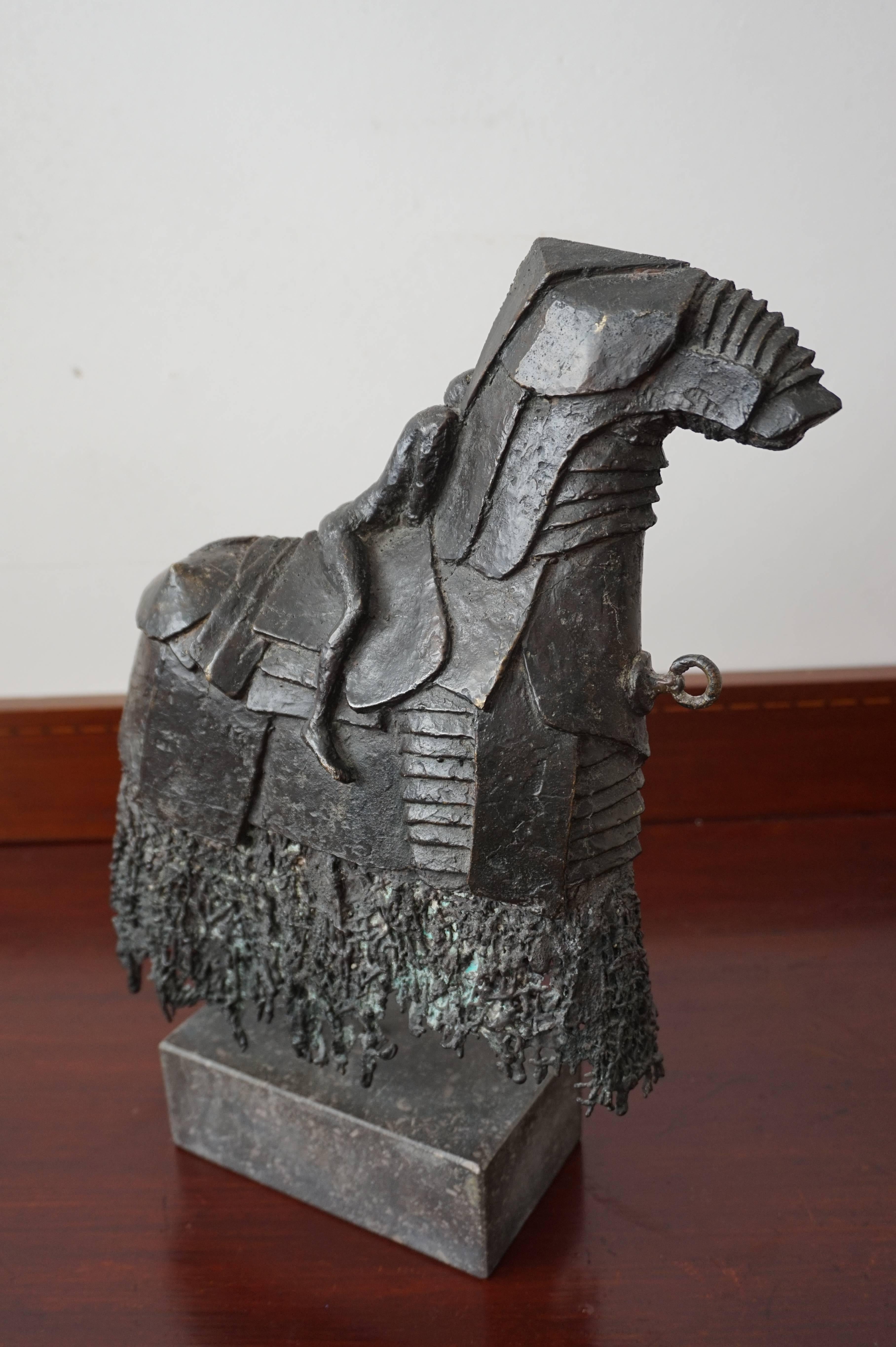 Rare Bronze Sculpture of a Nude and Troubled Male on a Trojan like Armored Horse 1