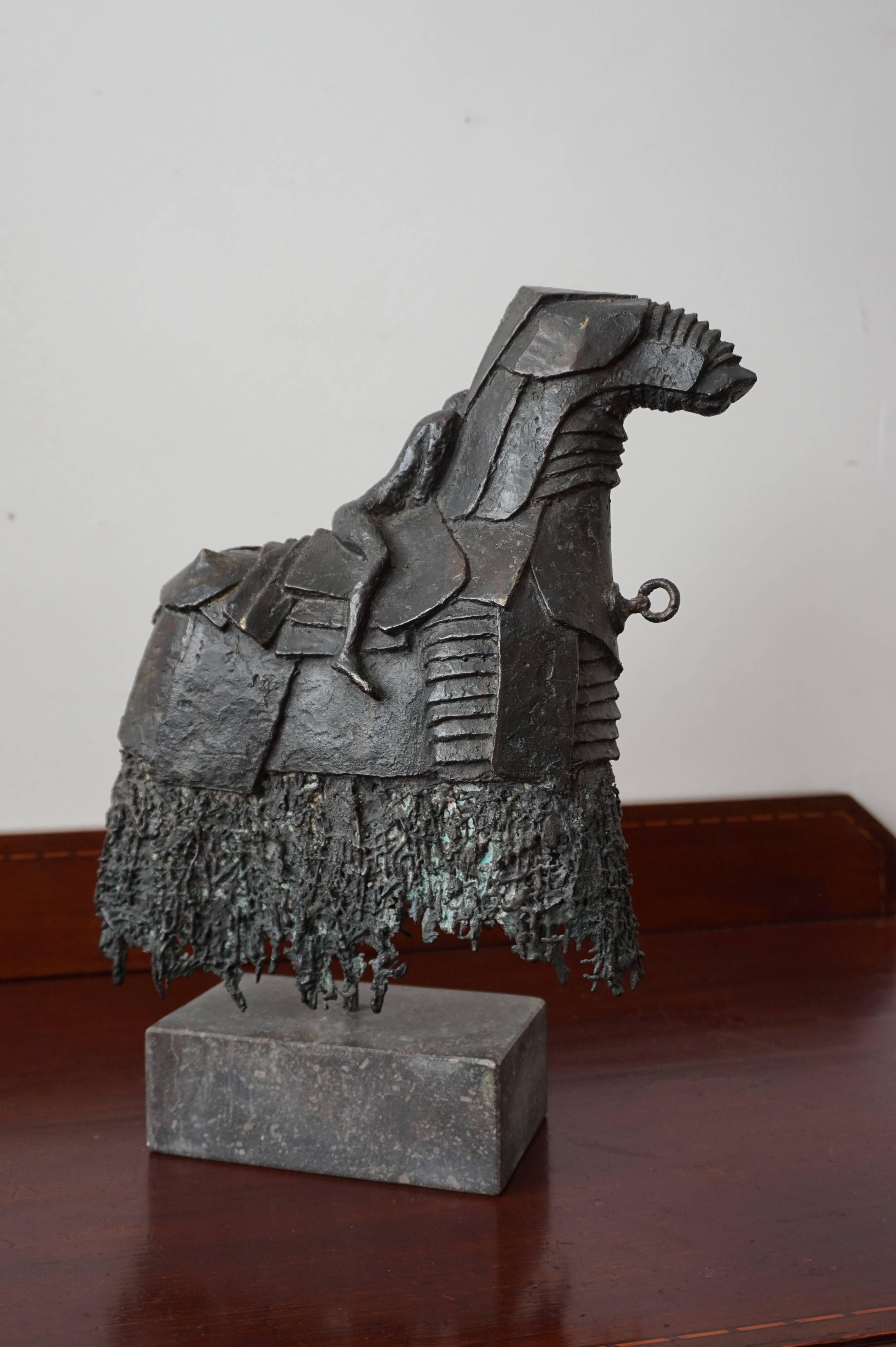 Rare Bronze Sculpture of a Nude and Troubled Male on a Trojan like Armored Horse 2