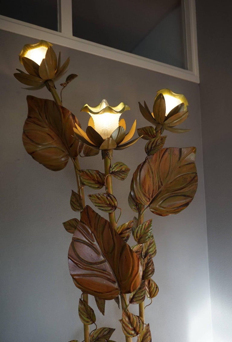Midcentury HandPainted Metal Flower Floor Lamp with Glass Flower