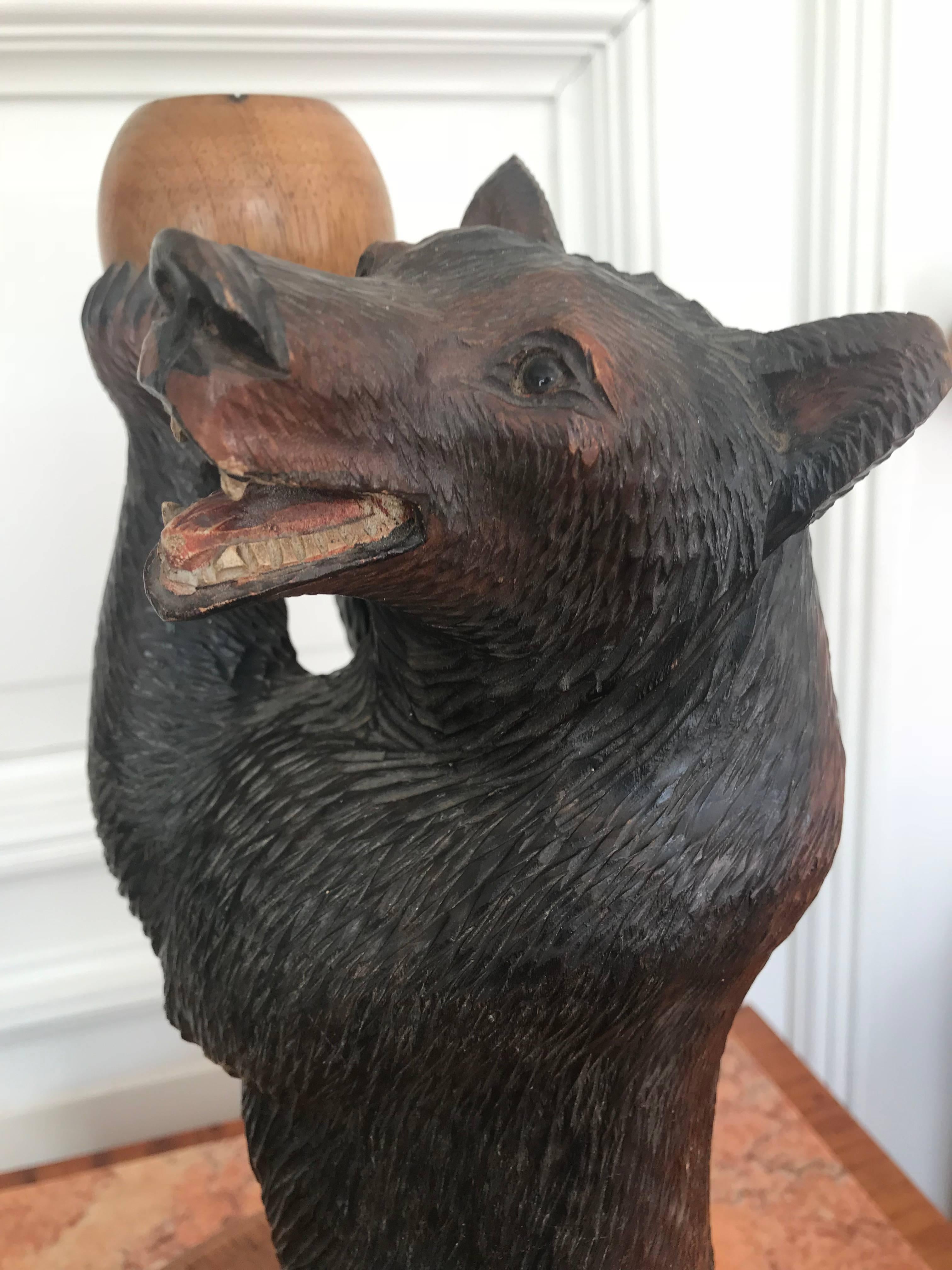 Hand-Carved Rare & Practical Size, Early 1900 Black Forest Standing Bear Table or Desk Lamp