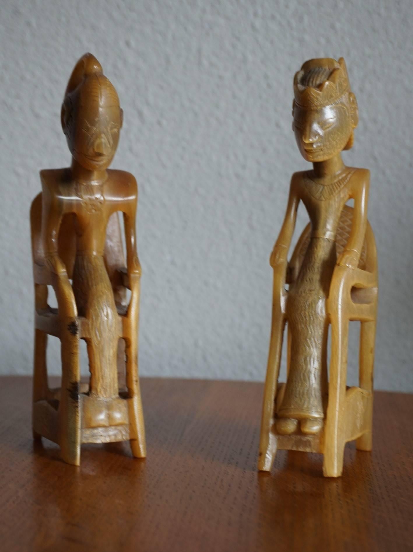 Indonesian Hand-Carved Out of Horn Wayang Dolls Sitting in Chairs Bali 6