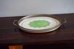 Art Deco Oval Porcelain Tile Serving Tray with Lovely Motif in Green and Black