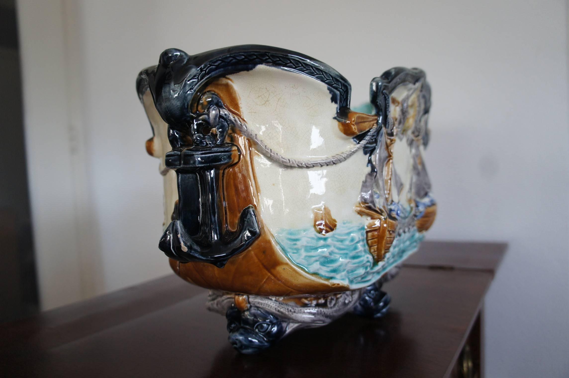 Ceramic Antique Majolica Glazed Jardinière Planter with Maritime / Sea Fishing Decor