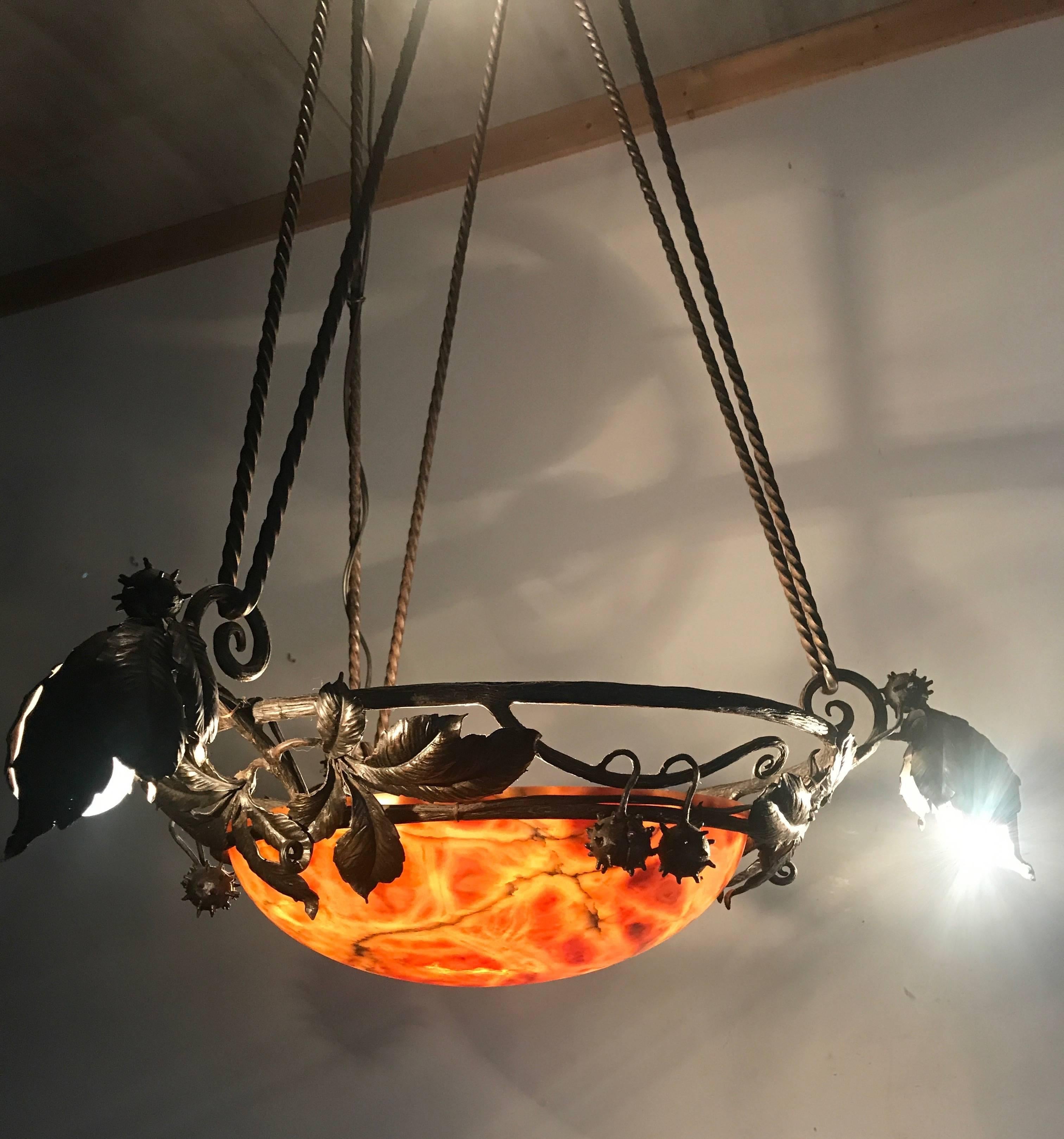 Arts and Crafts Arts & Crafts Wrought Iron & Alabaster Chestnut & Leaves Signed Pendant Light