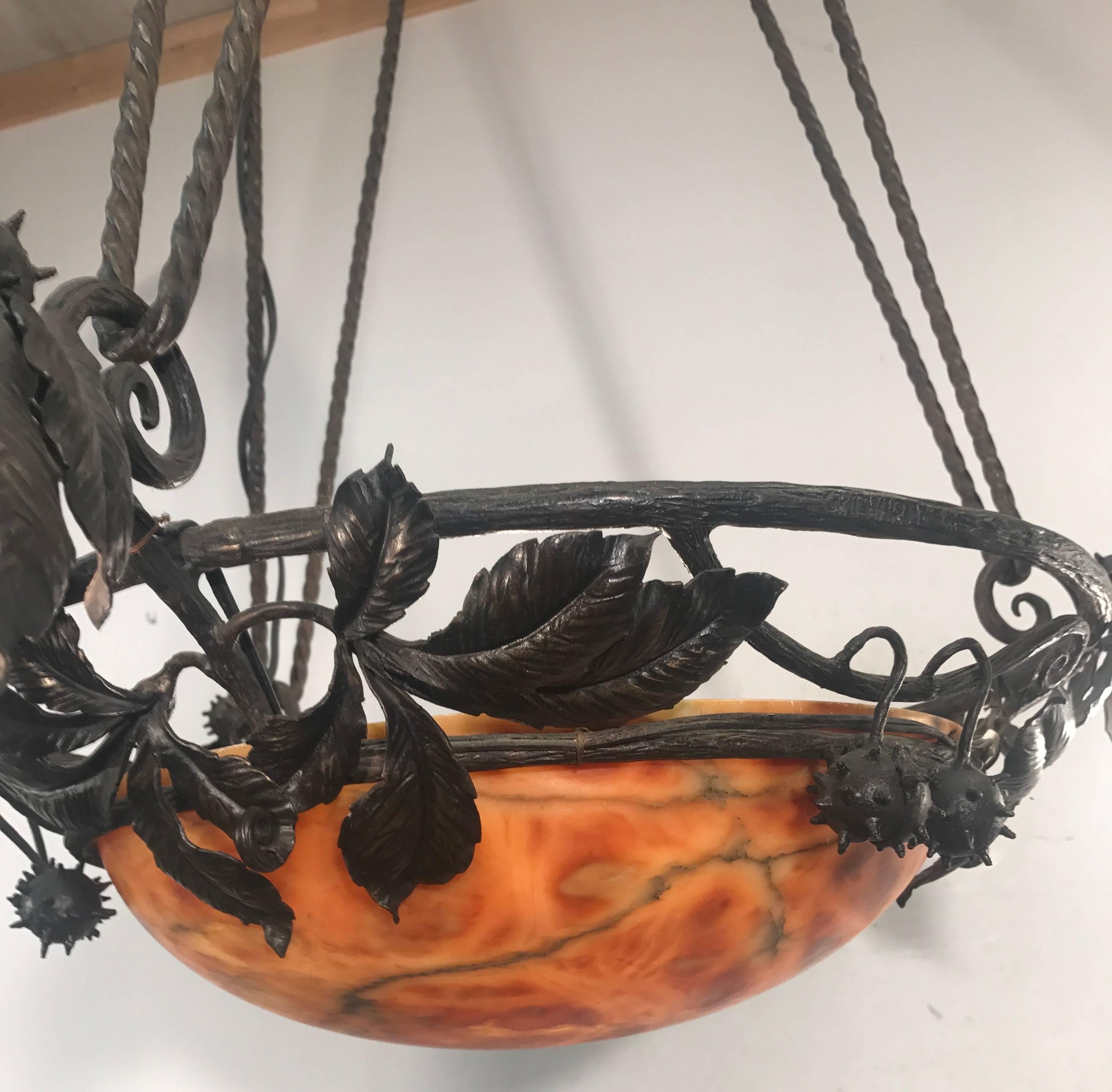 Arts & Crafts Wrought Iron & Alabaster Chestnut & Leaves Signed Pendant Light In Good Condition In Lisse, NL
