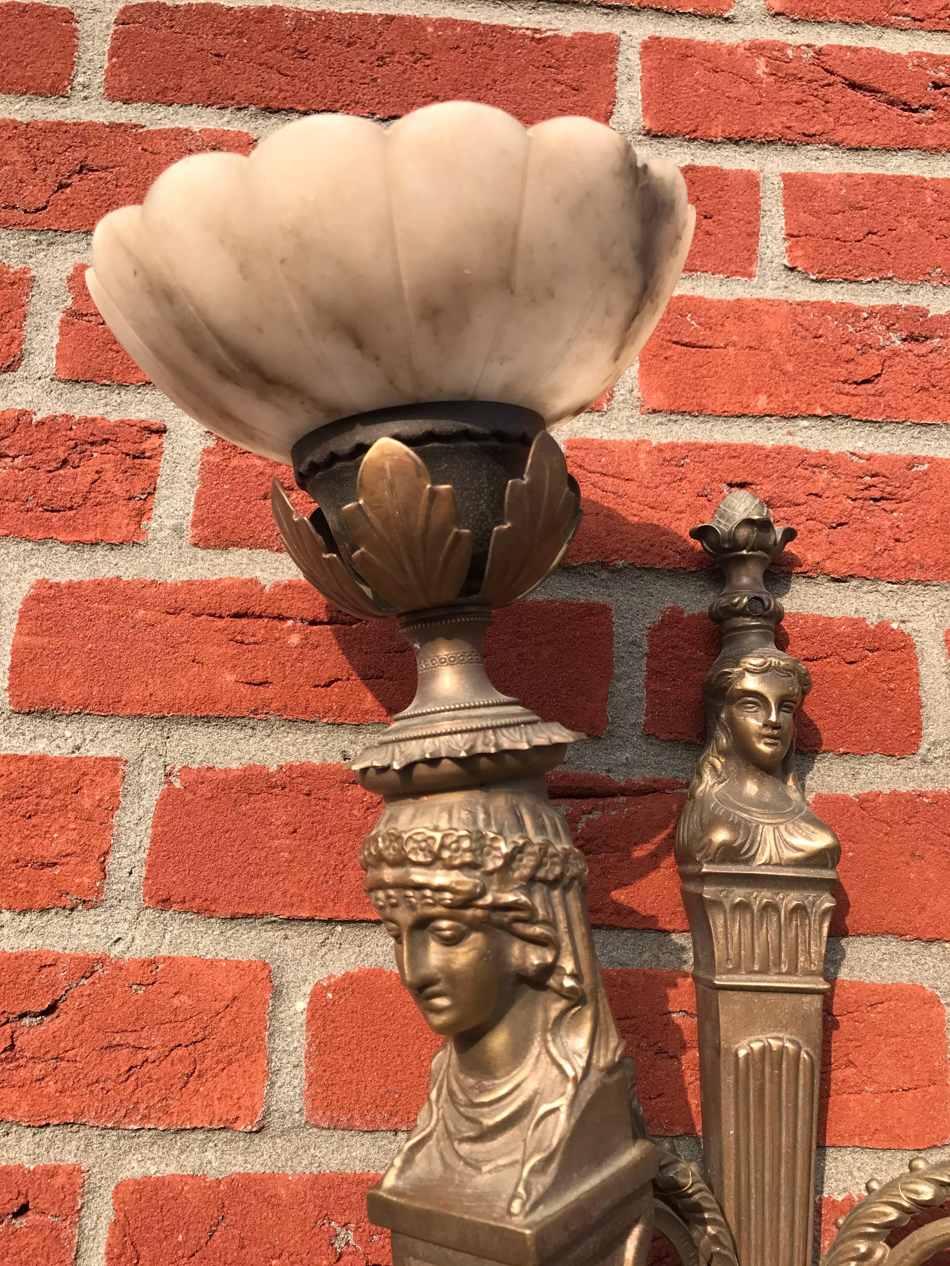 Hand-Carved Stunning Pair of Egyptian Revival Bronze Wall Sconces with Alabaster Shades