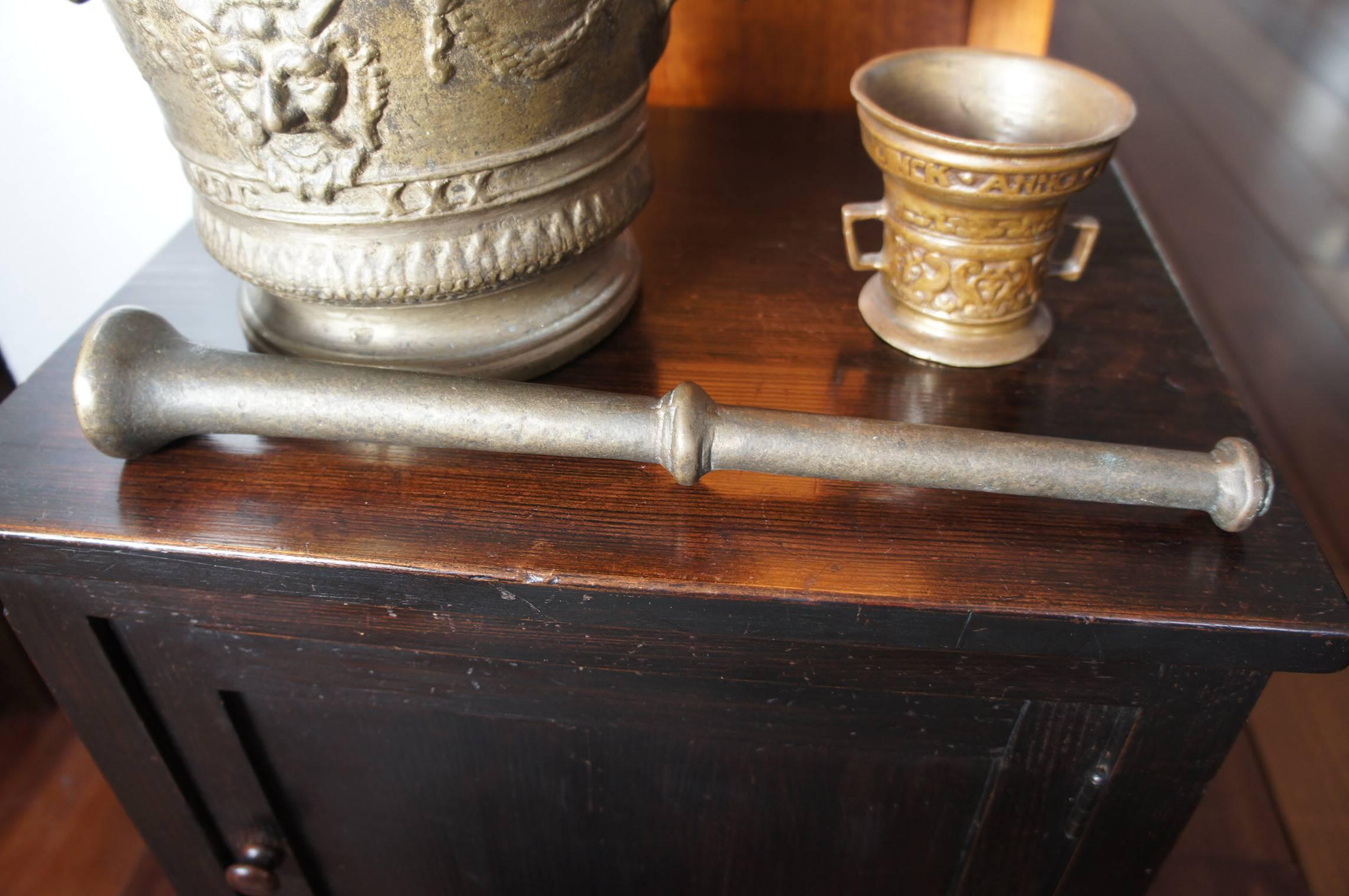 Cast Enormous and Great Condition Antique Bronze Morter and Pestle w. Satyr Sculpture For Sale