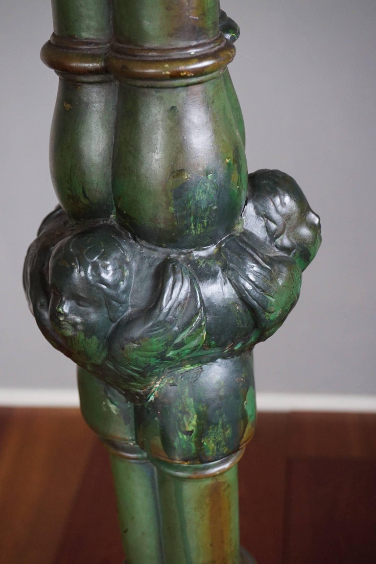 Large Antique Gothic Revival Wooden Church Candlestick with HandCarved