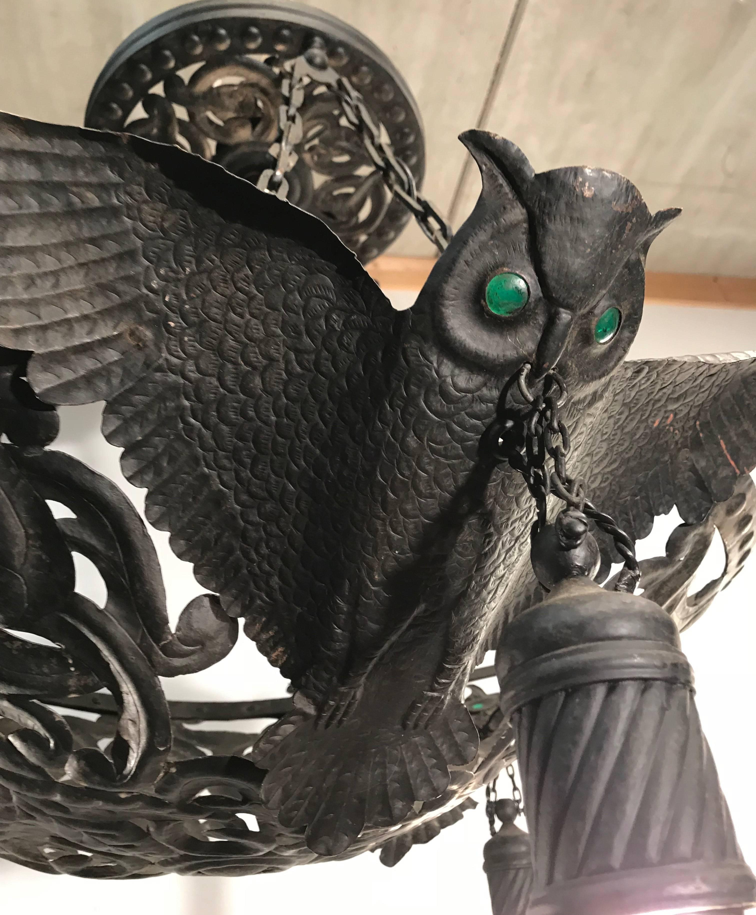 German Unique Arts & Crafts Flying Owl Sculptures Pendant / Metal Art Light Fixture
