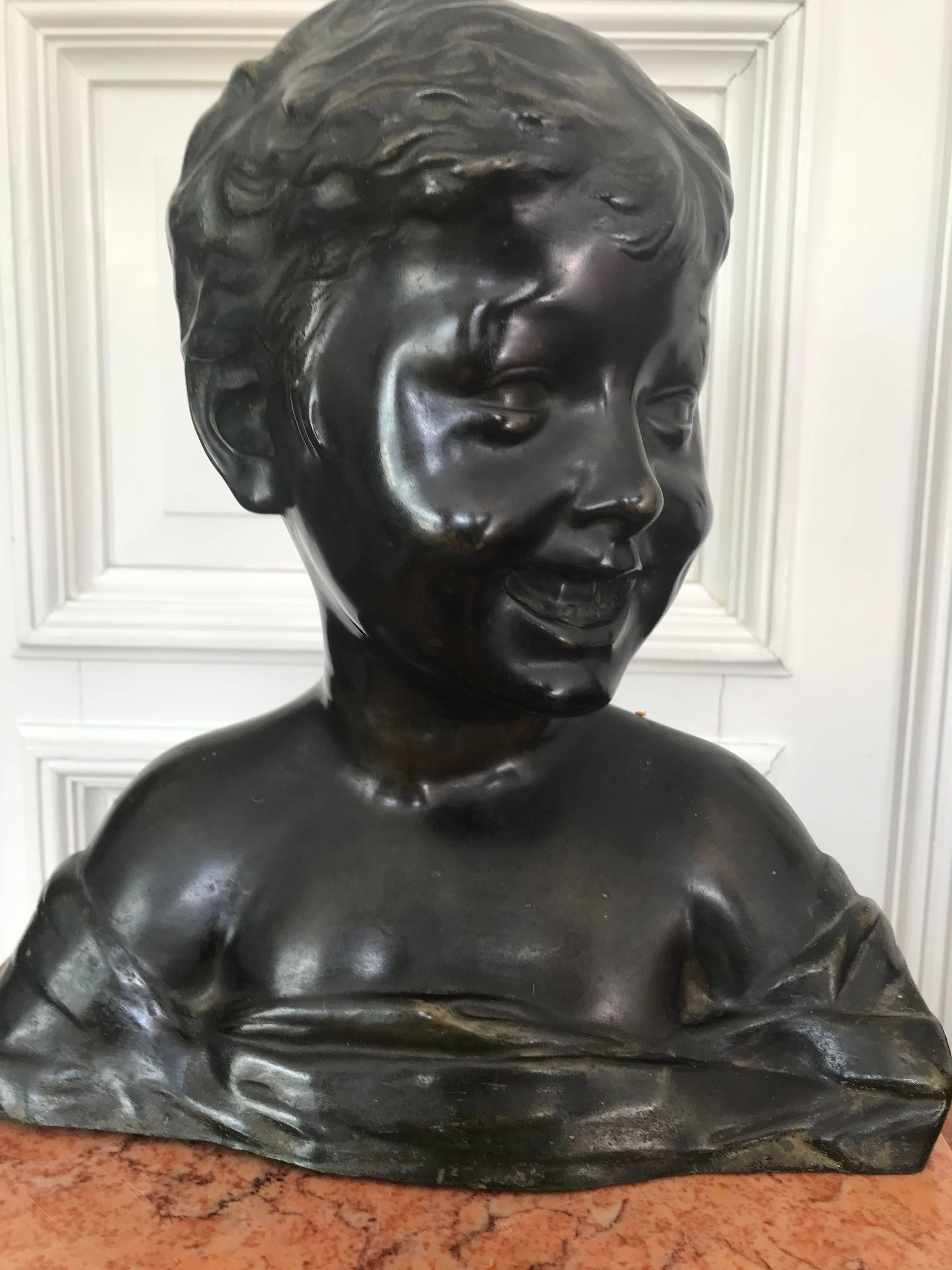 Antique Bronze Sculpture or Bust of a Laughing Boy aft. Desiderio Da Settignano For Sale 6