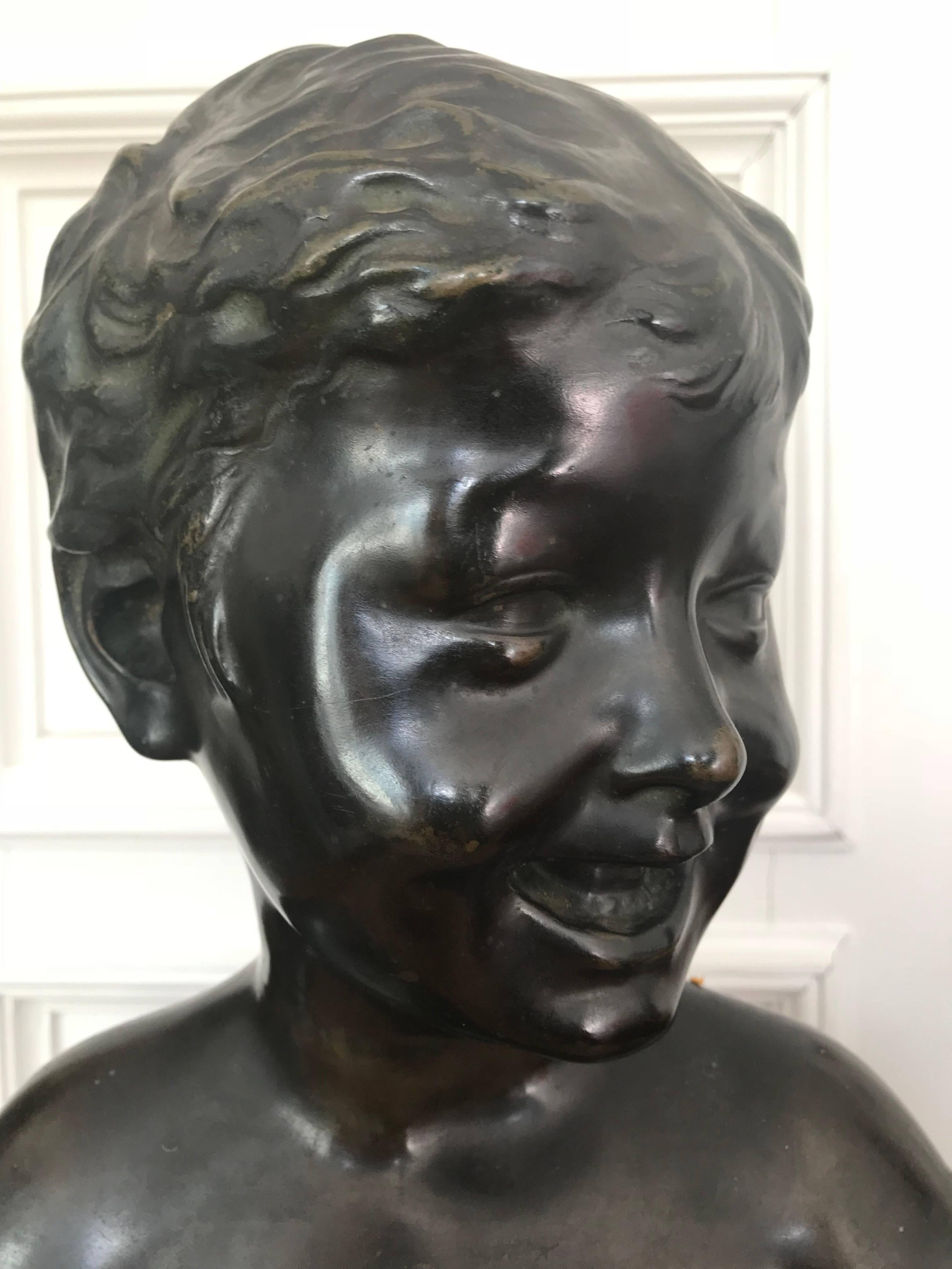 Antique Bronze Sculpture or Bust of a Laughing Boy aft. Desiderio Da Settignano For Sale 7