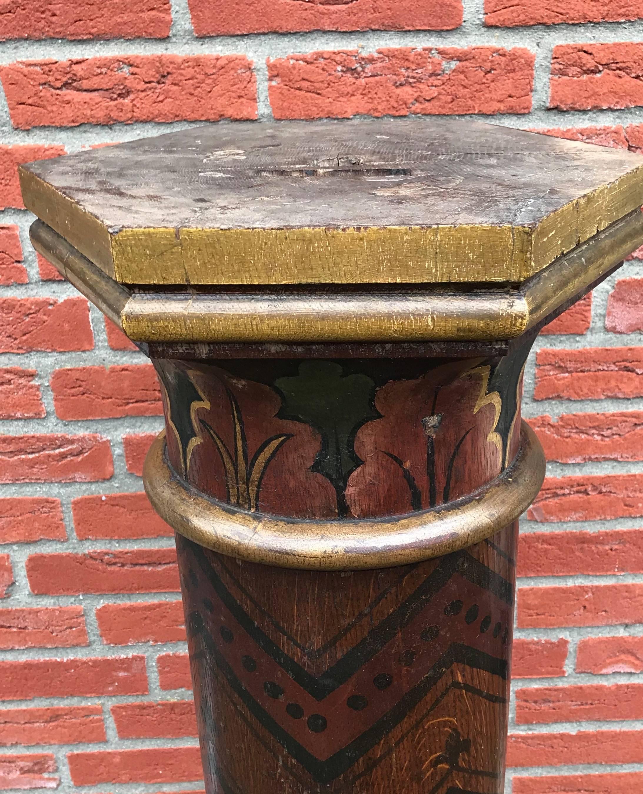 European Large Antique, 18th Century Handcrafted and Painted Oak Column Display Pedestal