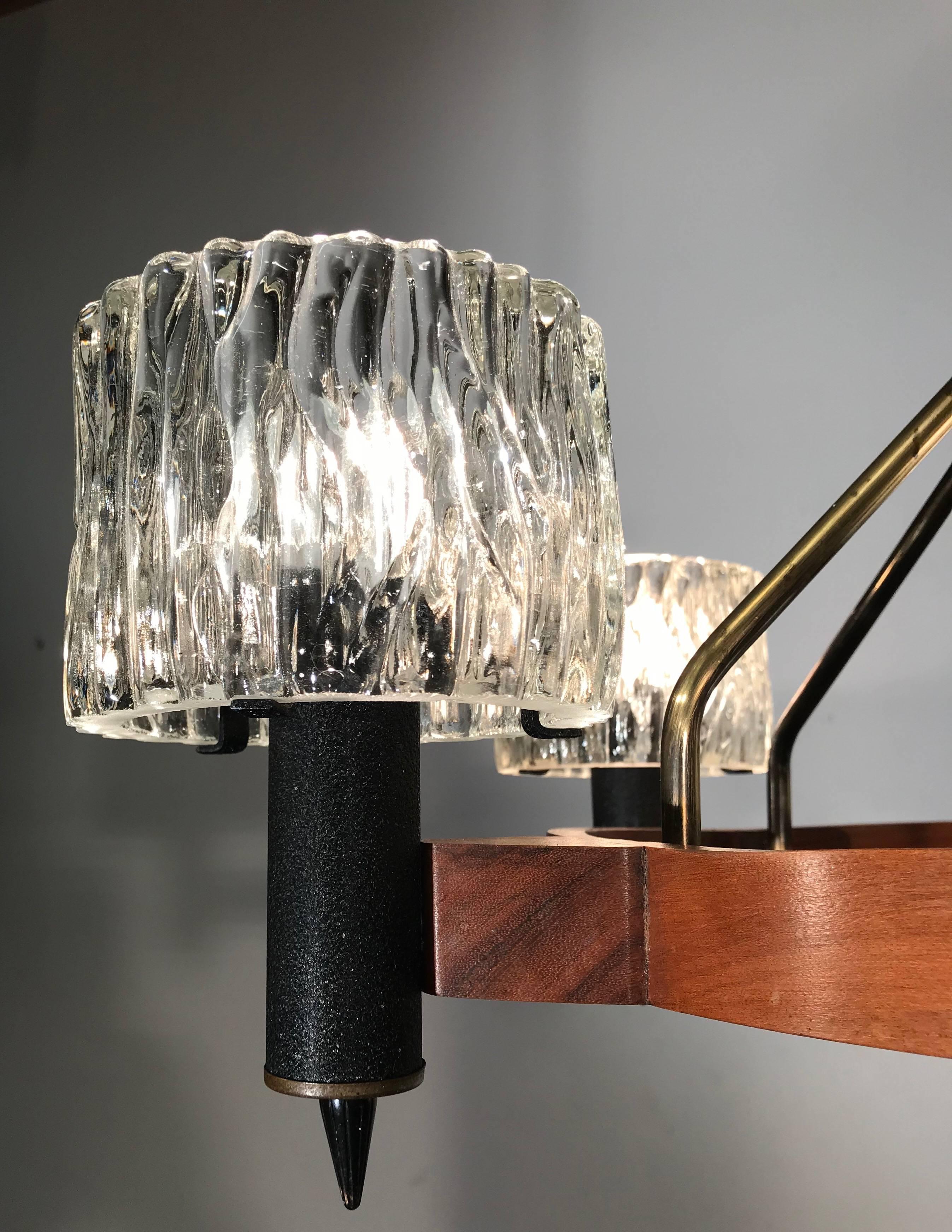 Stunning Mid-Century Modern Teak, Brass and Crystal Glass Carl Fagerlund Pendant 3