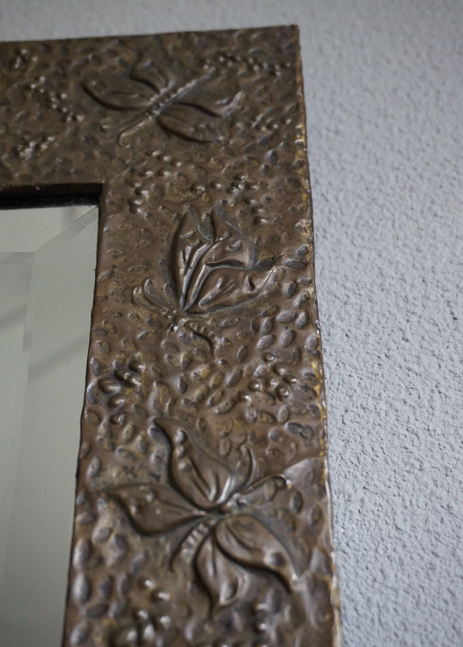 Beveled Early 20th Century Handcrafted Arts and Crafts Mirror with Embossed Butterflies