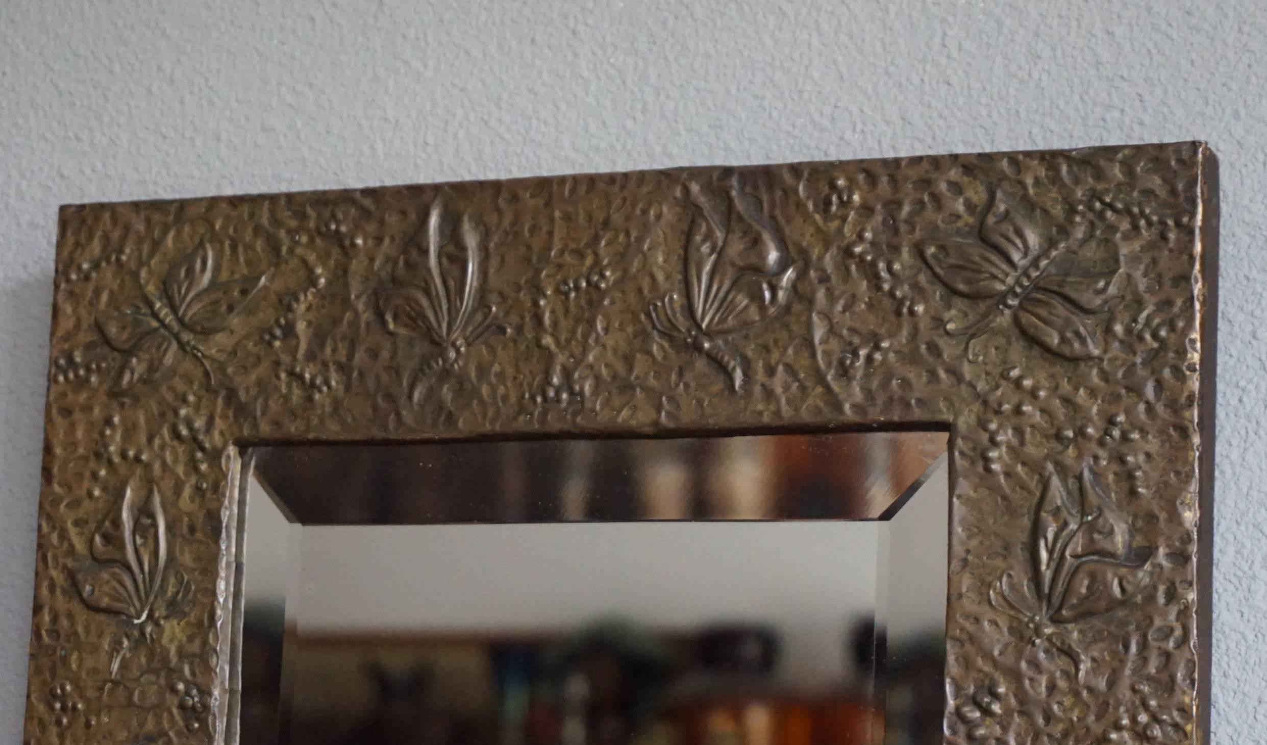 Early 20th Century Handcrafted Arts and Crafts Mirror with Embossed Butterflies In Excellent Condition In Lisse, NL