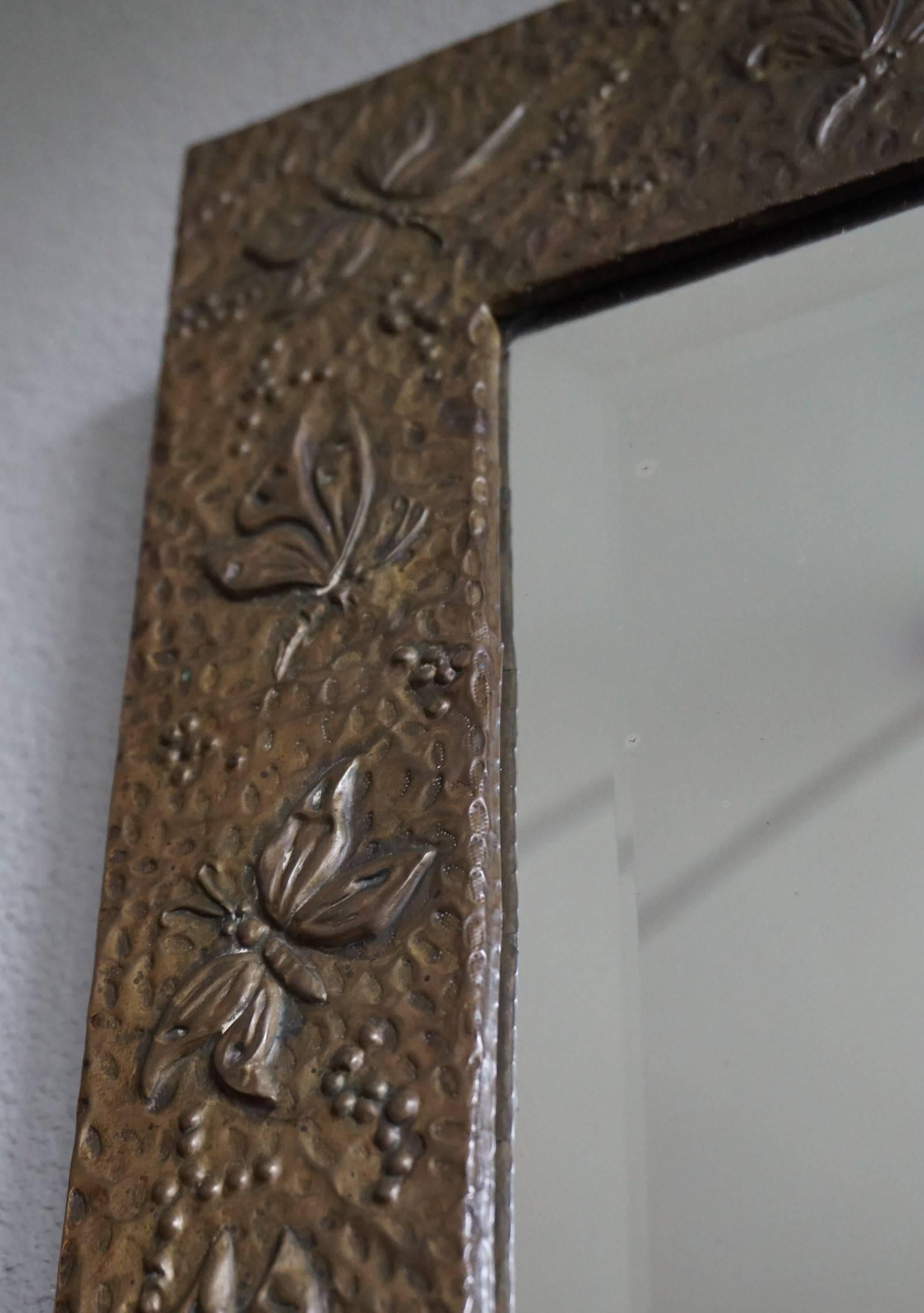 Copper Early 20th Century Handcrafted Arts and Crafts Mirror with Embossed Butterflies