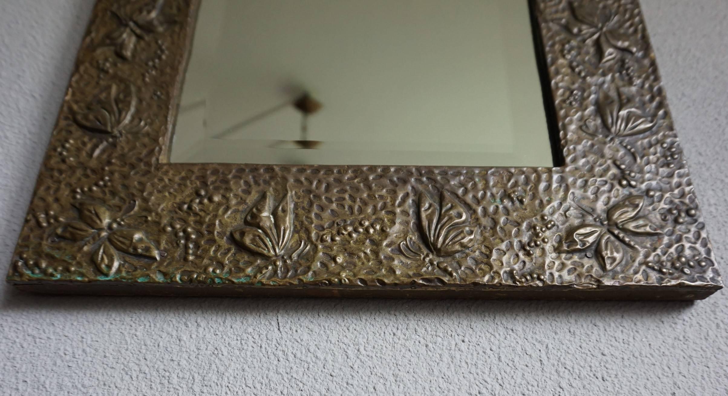 Early 20th Century Handcrafted Arts and Crafts Mirror with Embossed Butterflies 1