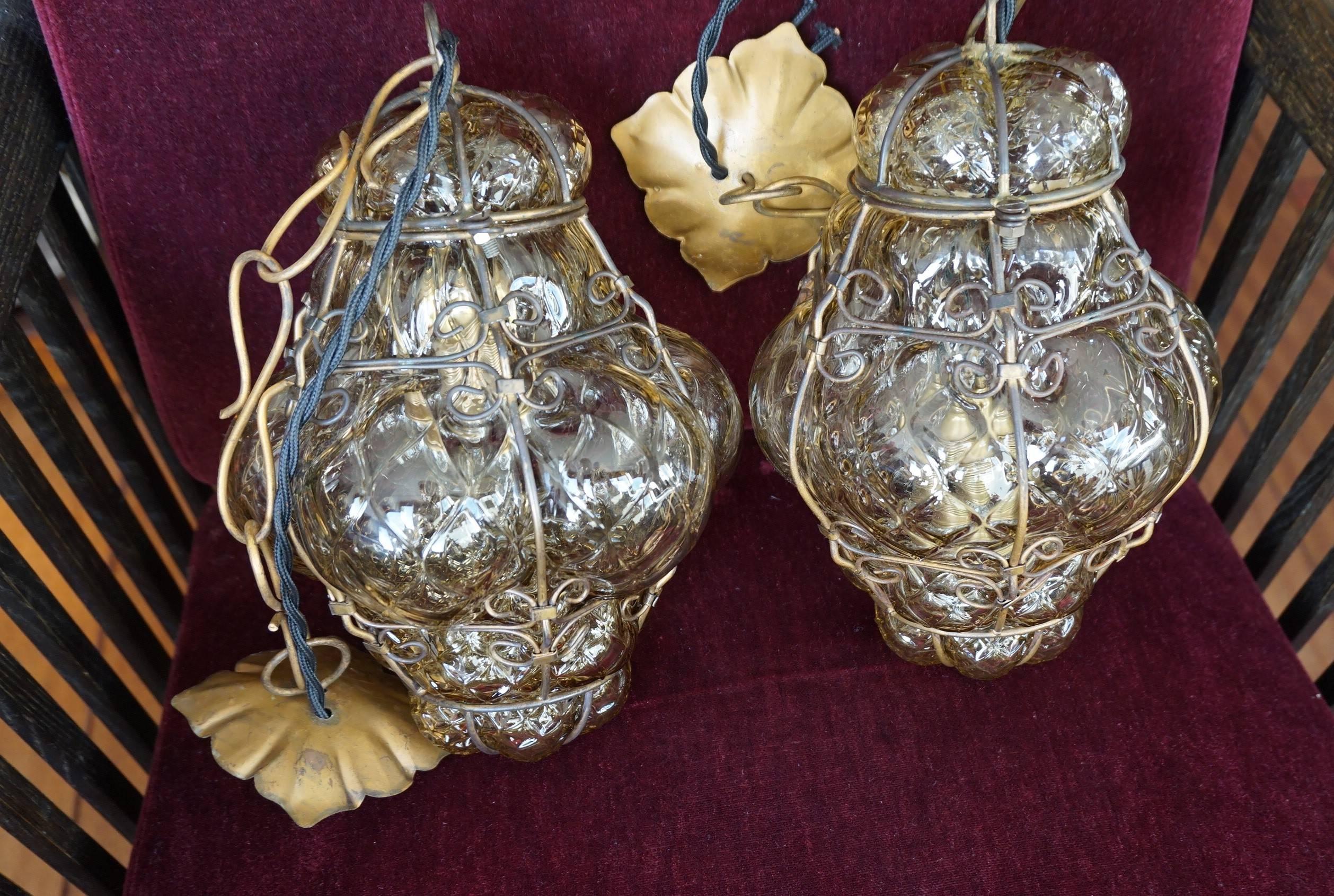 Italian Rare & Small Pair of Mid-Century Amber Color Glass Blown in Iron Frame Pendants