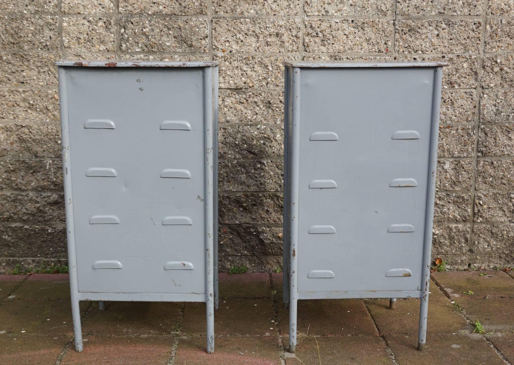 Post World War II 1940s Pair of Industrial Steel Nightstands Cabinets 2