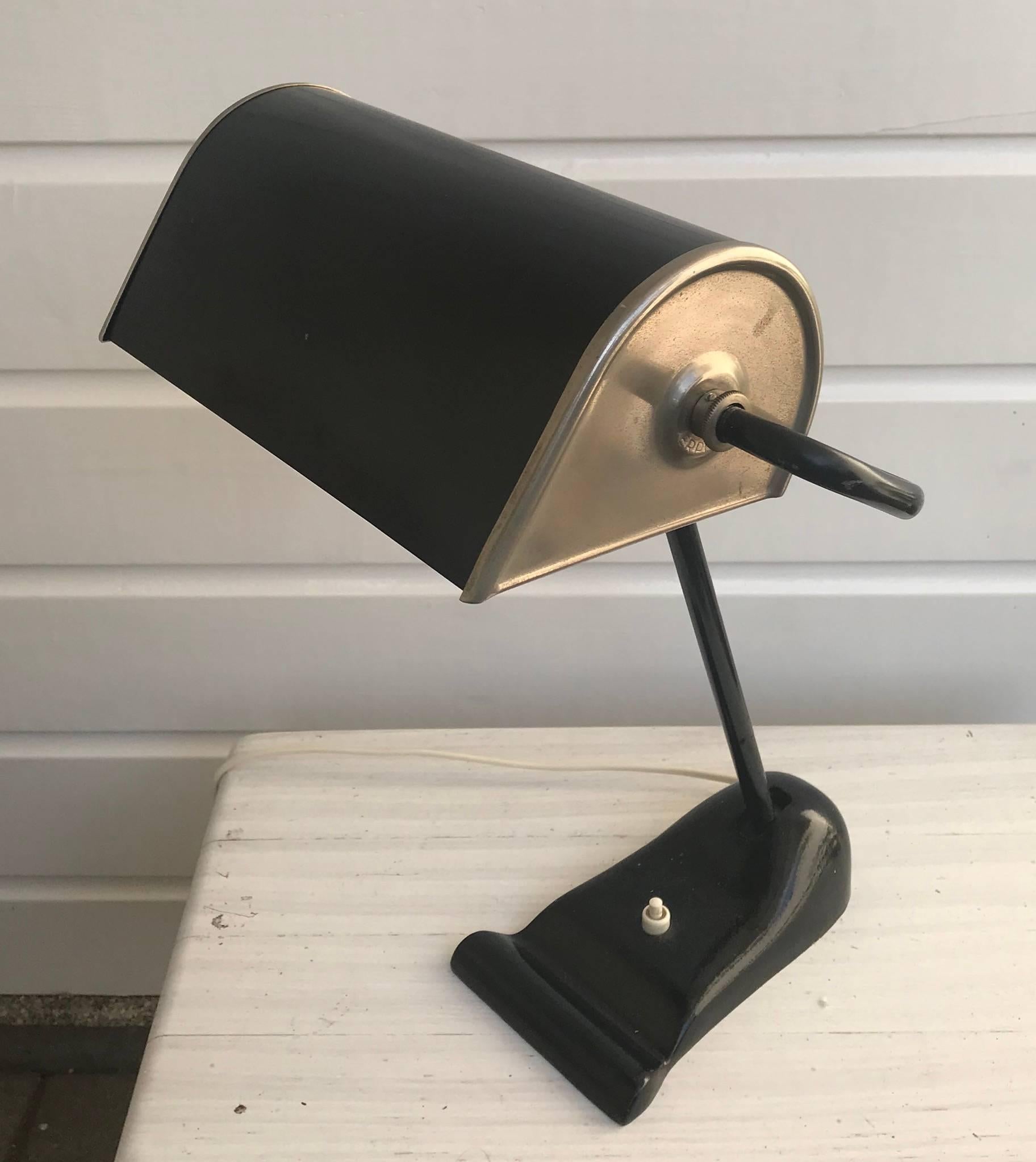 German Industrial Bauhaus Art Deco Period Black Metal Desk or Banker's Lamp by Erpees For Sale