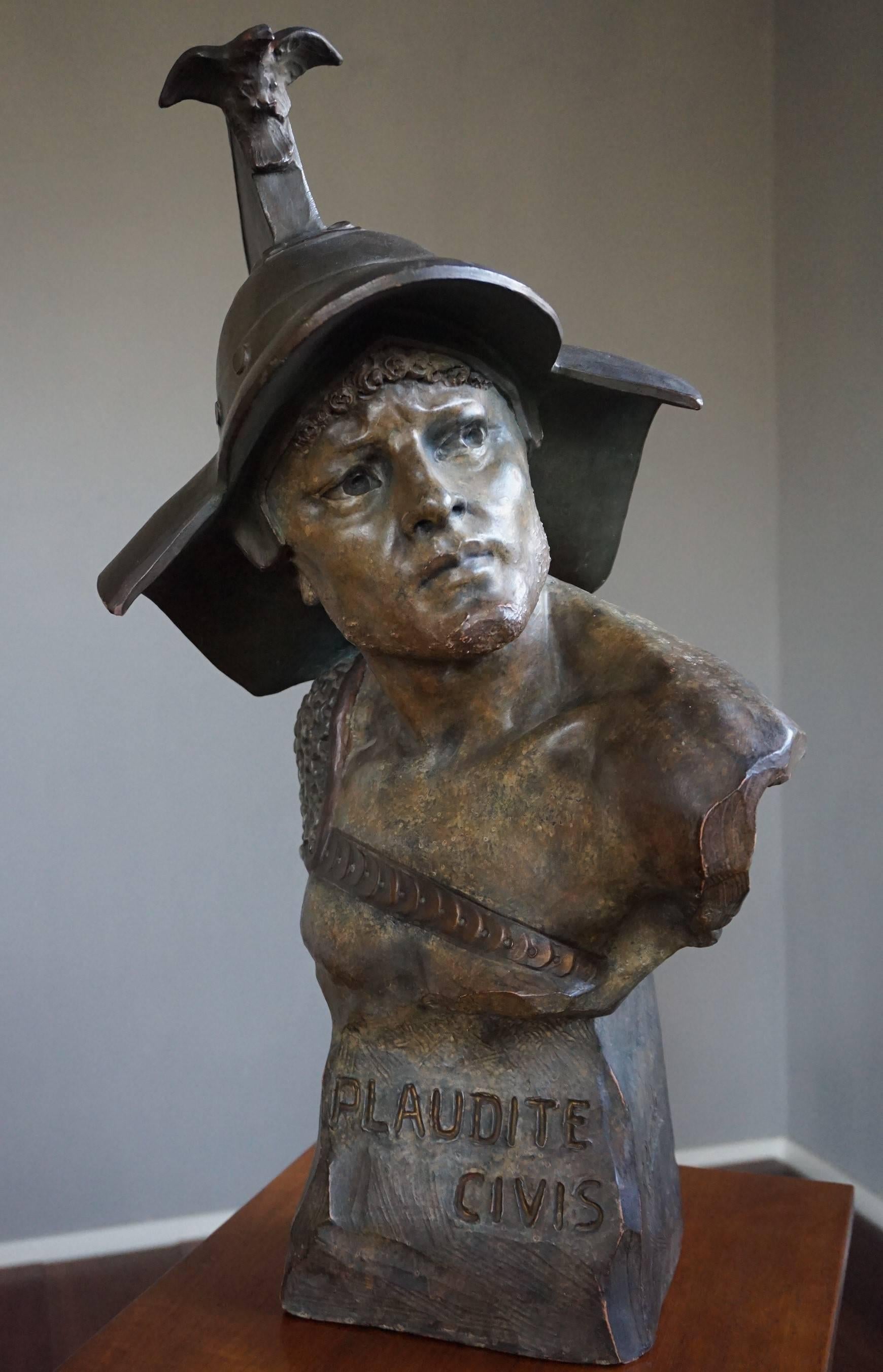 Belgian Stunning Antique Terracotta Roman Gladiator Bust Sculpture w Eagle Baring Helmet