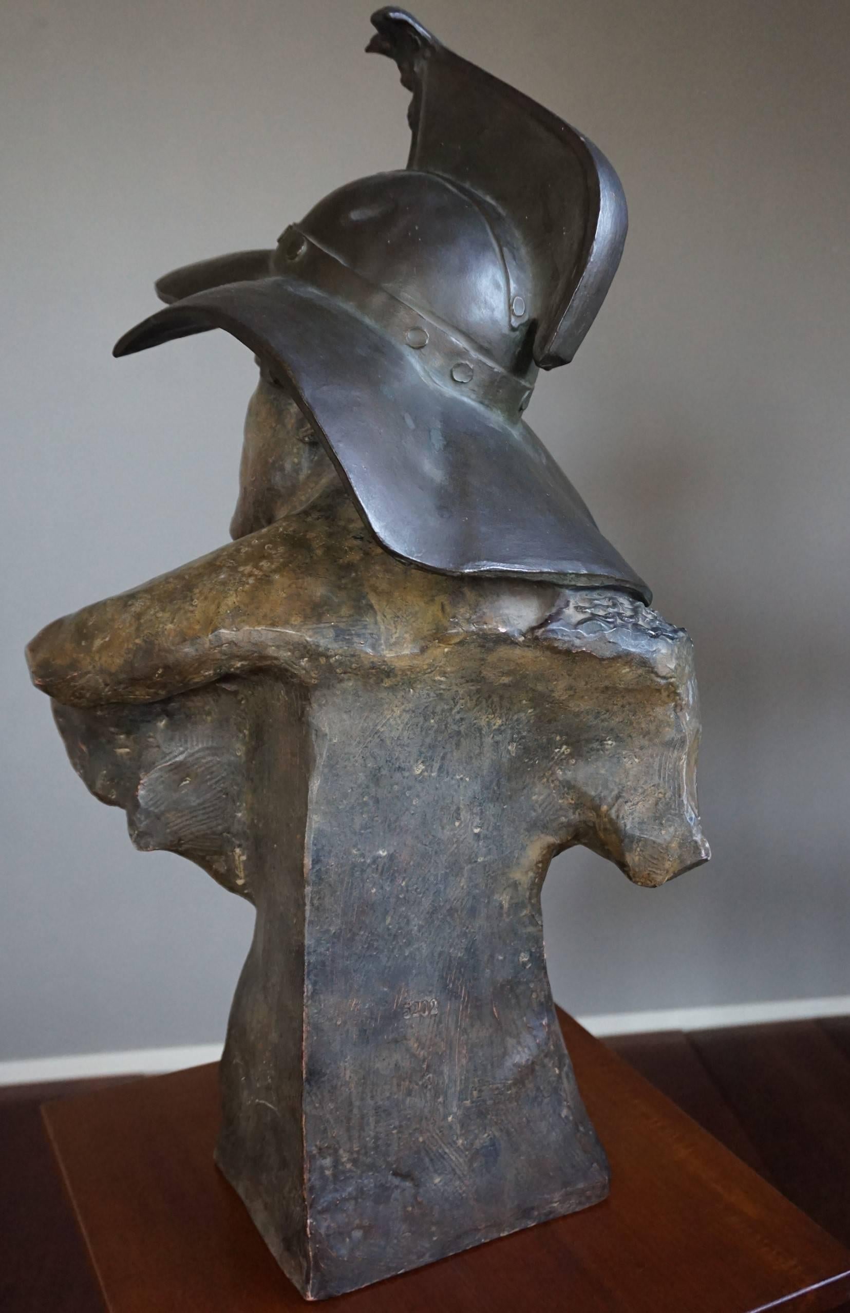 20th Century Stunning Antique Terracotta Roman Gladiator Bust Sculpture w Eagle Baring Helmet
