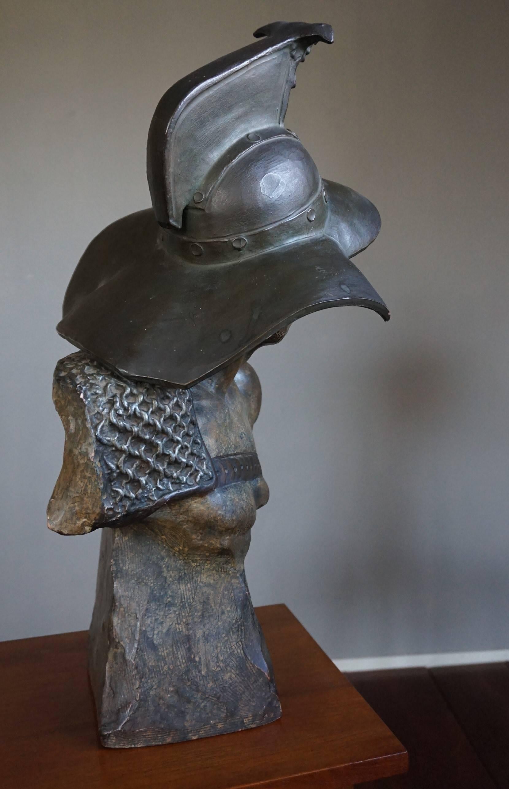 Stunning Antique Terracotta Roman Gladiator Bust Sculpture w Eagle Baring Helmet 1