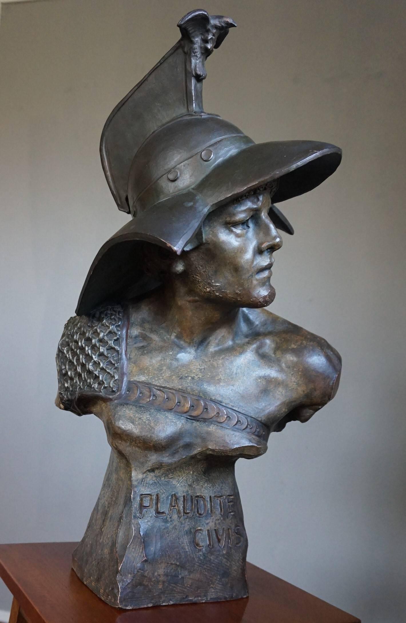 Stunning Antique Terracotta Roman Gladiator Bust Sculpture w Eagle Baring Helmet 3