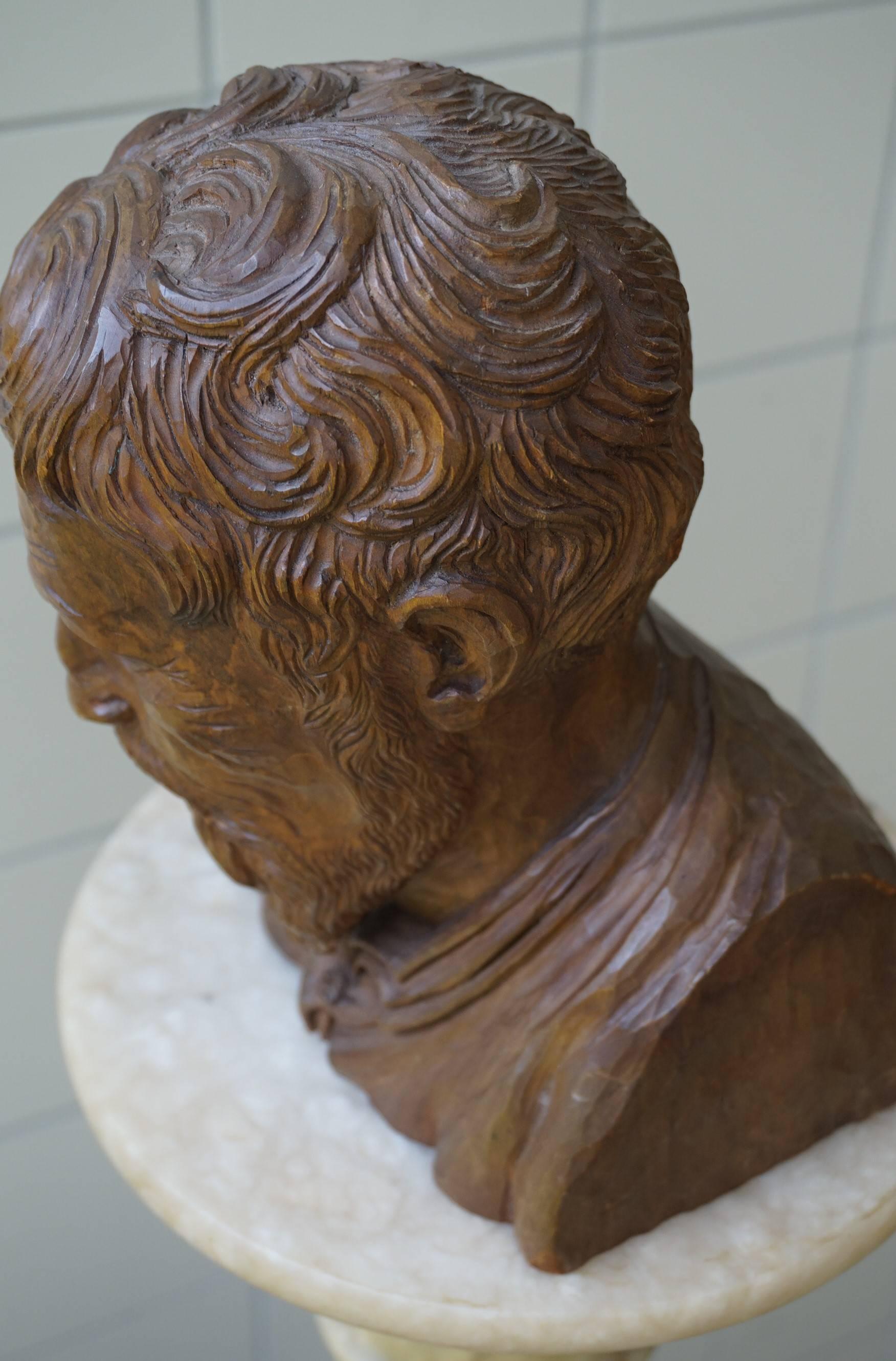 20th Century Unique Hand-Carved Sculpture/Bust of Michelangelo Buonarroti by Walther Kieser