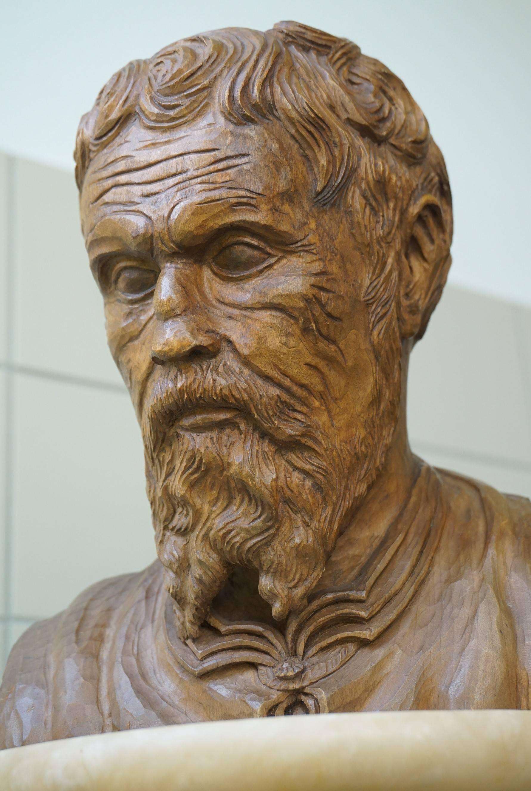 Wood Unique Hand-Carved Sculpture/Bust of Michelangelo Buonarroti by Walther Kieser