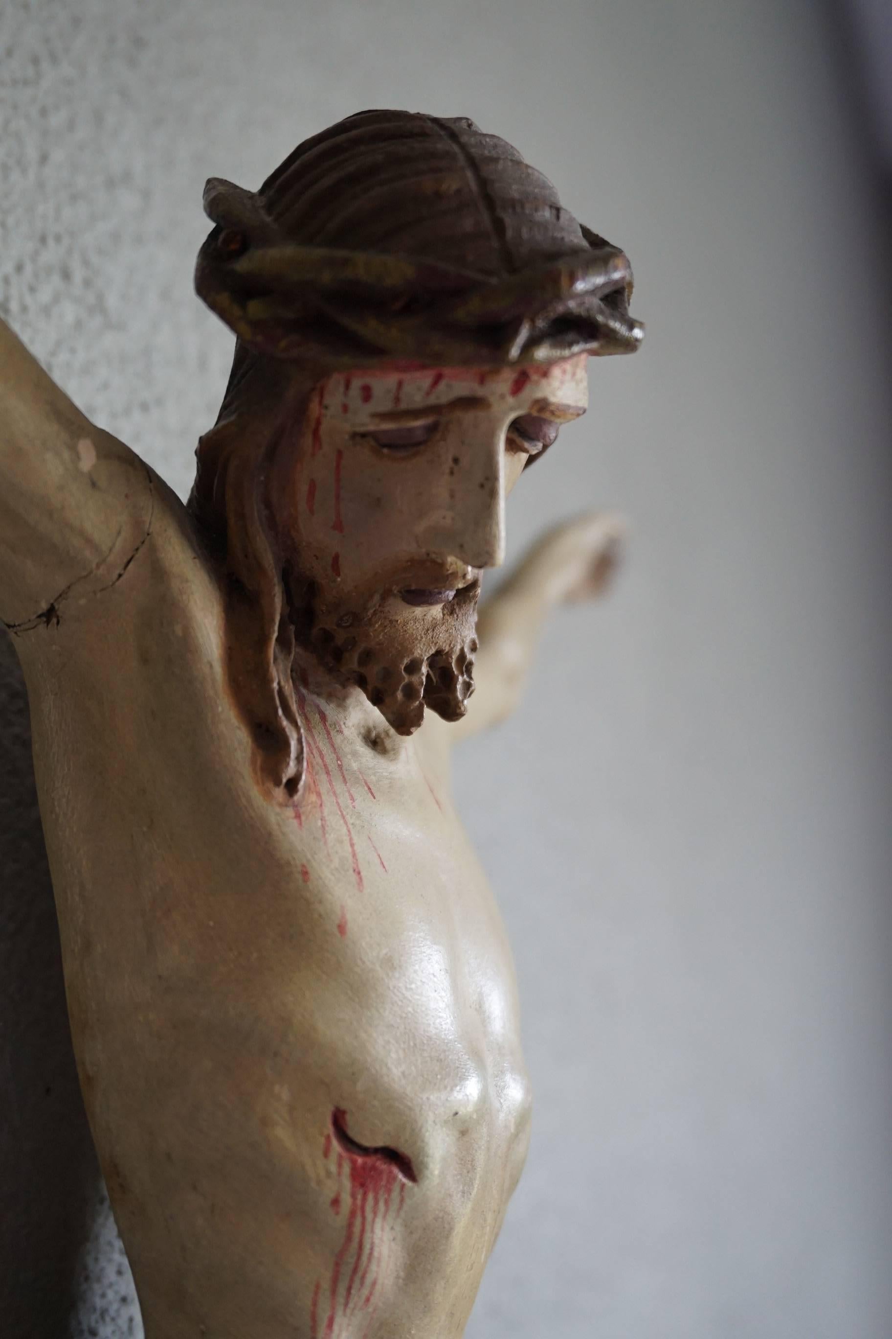 19th Century Suffering Christ Sculpture Antique & Originally Hand-Painted Corpus 1890-1910 For Sale
